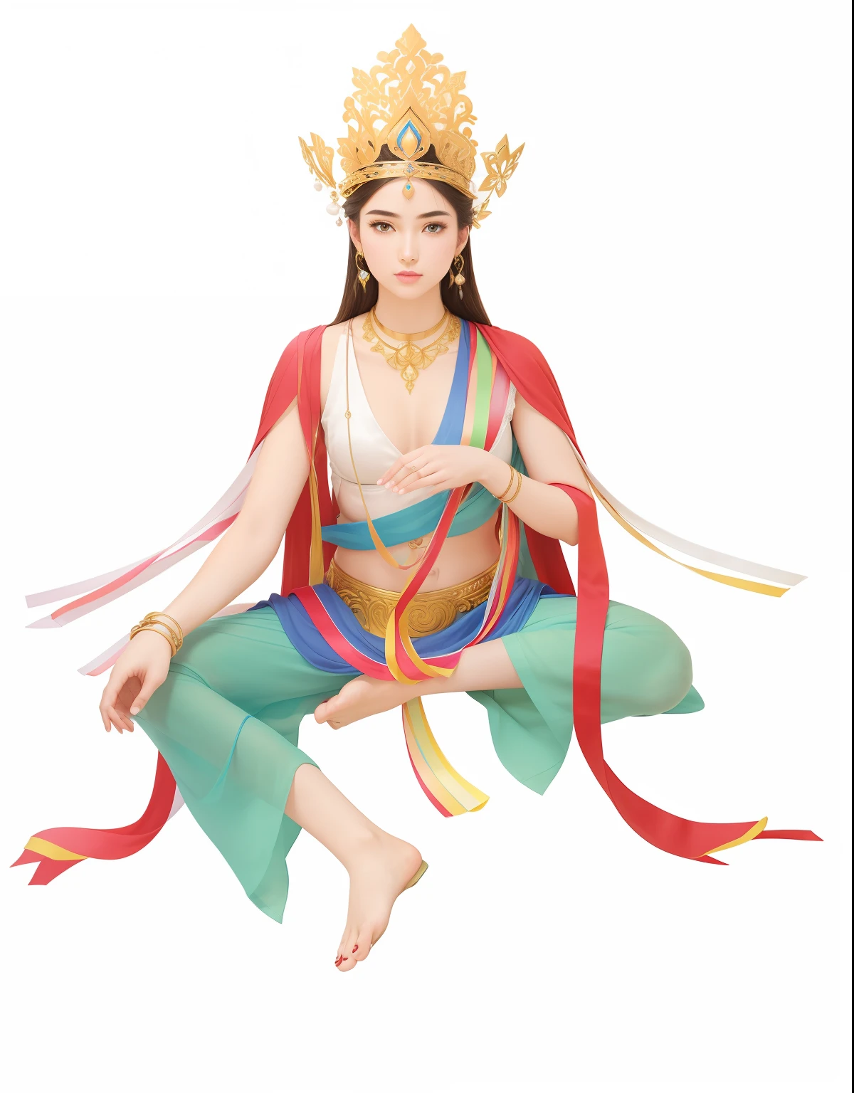 There is a beautiful goddess in the void,Young age girl,long eyebrow,Beautiful eyes sparkle,二重まぶた,Plump and rosy lips,The lower jaw is rounded,Fair skin is delicate and smooth,Radiant skin,A delicate and ornate crown,inlaid gemstones,choker necklace,Yingluo,Fair and delicate skin,bangle,ankle bracelets,Sit on the platform,(Hold the sphere with one hand),(Extend the other hand five fingers from the palm of your hand),white skinned,(Correct body structure),White soft tulle garment,Blue silk dress,Streamers,Blue sky,flowing clouds,fresh flowers,(nice hand),(Good feet),(good legs),realisticlying,white skinned,no-bra,Streamers flutter in the wind,Kim In-ro belt,with blue sky and white clouds,Clean skies,Head background with round light,Behind him is a faint rainbow circle,Front lighting,No shadows on the face,Unreal space,ethereal world,dreamworld,tmasterpiece,4K,ultra-definition,professional photoshooting,