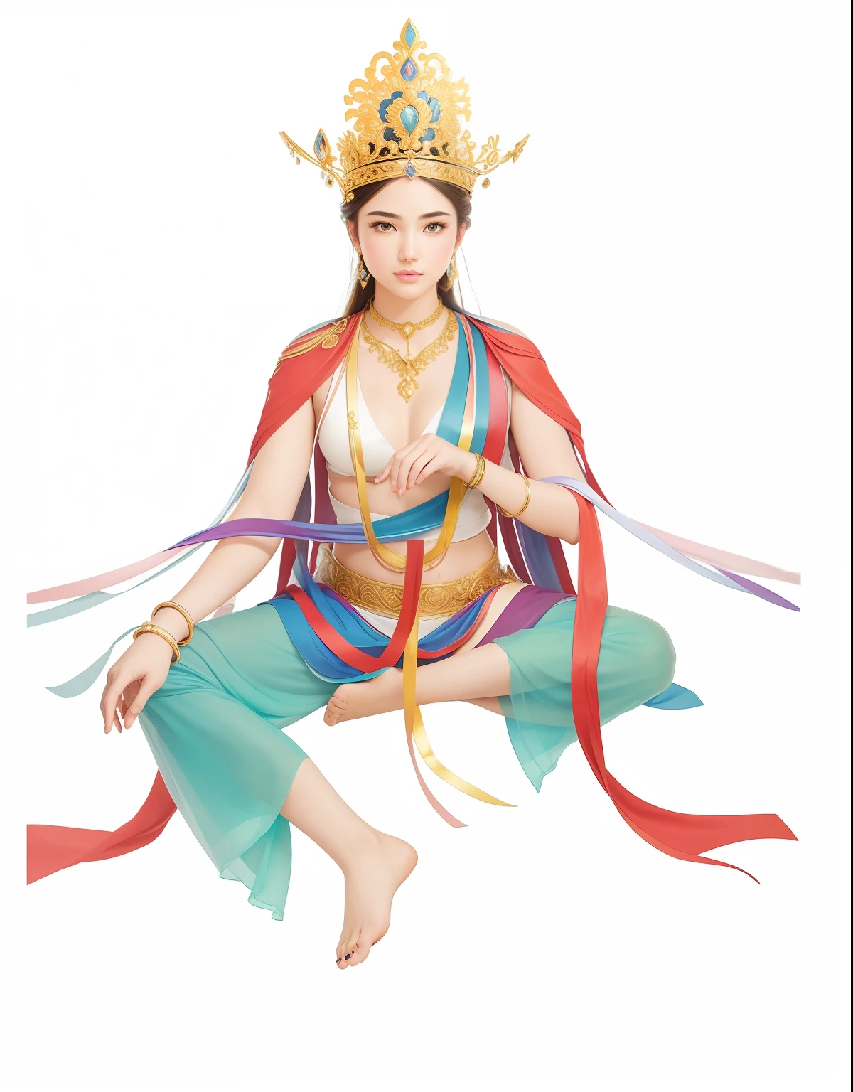 There is a beautiful goddess in the void,Young age girl,long eyebrow,Beautiful eyes sparkle,二重まぶた,Plump and rosy lips,The lower jaw is rounded,Fair skin is delicate and smooth,Radiant skin,A delicate and ornate crown,inlaid gemstones,choker necklace,Yingluo,Fair and delicate skin,bangle,ankle bracelets,Sit on the platform,(Hold the sphere with one hand),(Extend the other hand five fingers from the palm of your hand),white skinned,(Correct body structure),White soft tulle garment,Blue silk dress,Streamers,Blue sky,flowing clouds,fresh flowers,(nice hand),(Good feet),(good legs),realisticlying,white skinned,no-bra,Streamers flutter in the wind,Kim In-ro belt,with blue sky and white clouds,Clean skies,Head background with round light,Behind him is a faint rainbow circle,Front lighting,No shadows on the face,Unreal space,ethereal world,dreamworld,tmasterpiece,4K,ultra-definition,professional photoshooting,