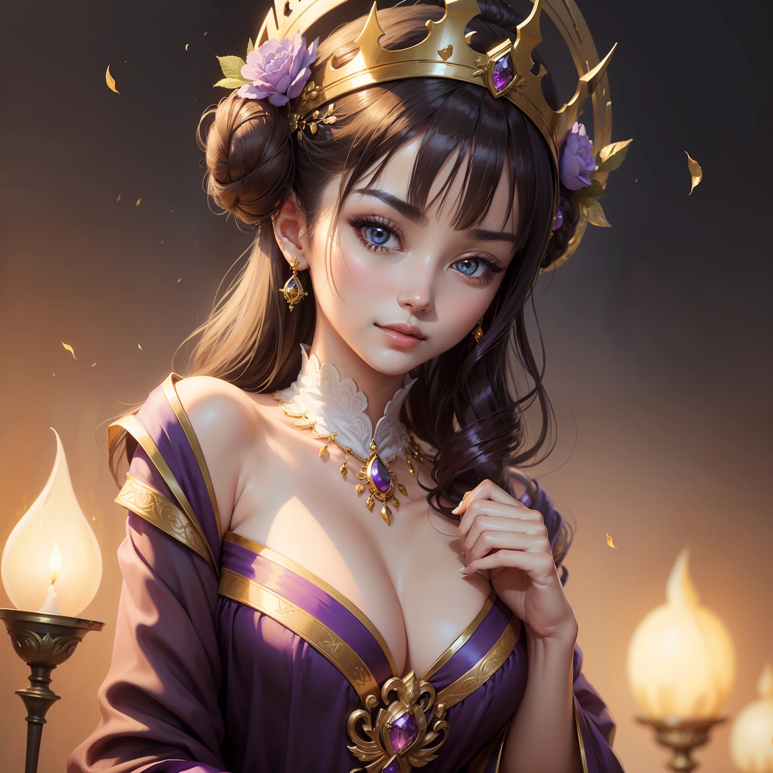 (((Quality+smoothness)+(Painting style+Beautiful))),Elegant and classical,Show off royalty,Mysterious ancient queen,Dignified and quiet,Fairy air is ethereal,Manners are elegant,Purple-gold crown,dark mode,Treasure in a bun,Bright silk clothes,Gorgeous gold ornaments,The face is dignified and beautiful,The color of moonlight,Spring flowers bloom,Scissors-like thin eyebrows,Gentle eyes。