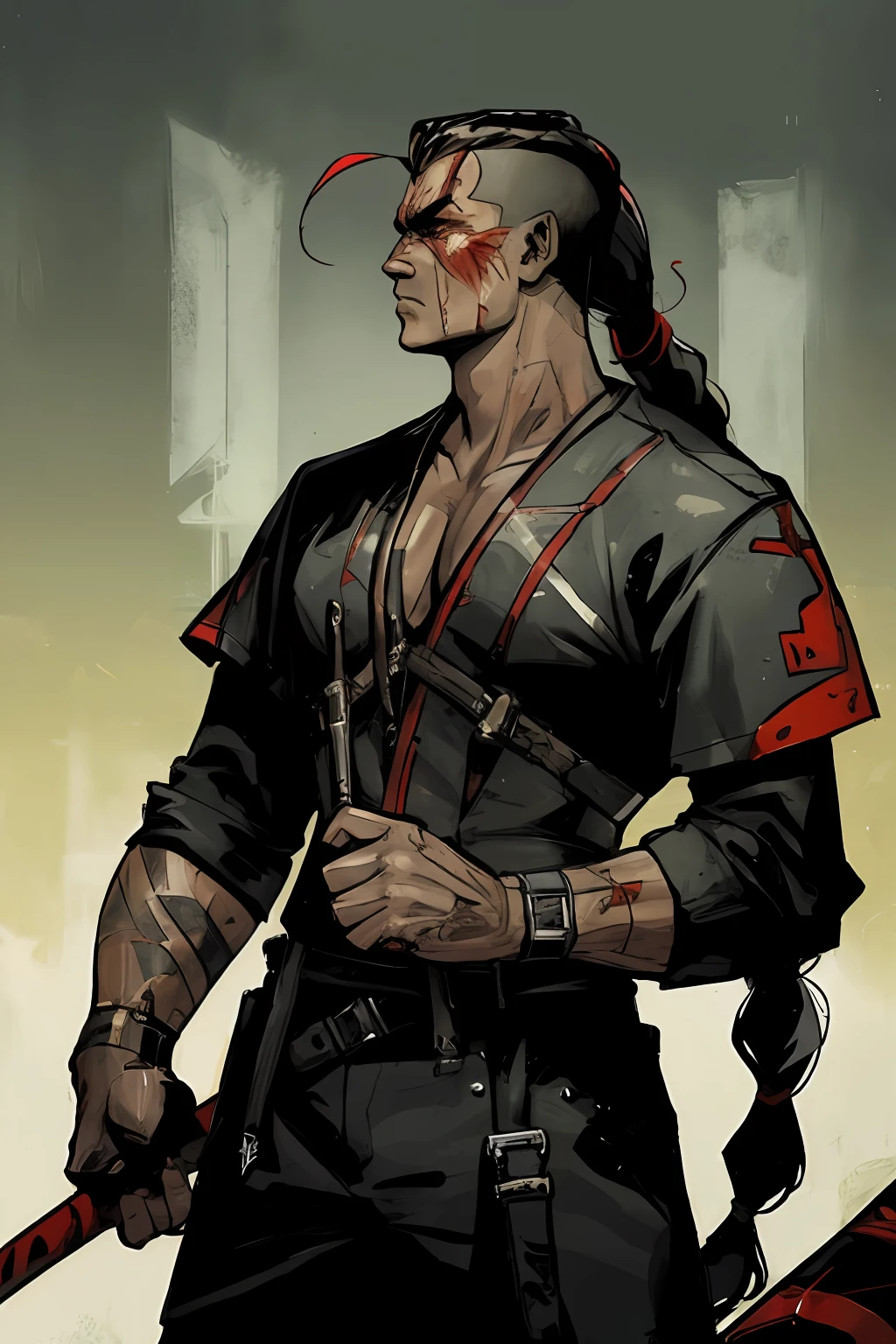 "A badass Native American young man wielding two tomahawks in a futuristic assassin gear, standing against an intense action-filled background with a touch of blood and showcasing his skills as a futuristic ruthless butcher assassin and scout. He also has a shaved sides of his head and a long braid. Best quality, (masterpiece), ( methurlant), comic, y2k animation, intricate detail, smooth,