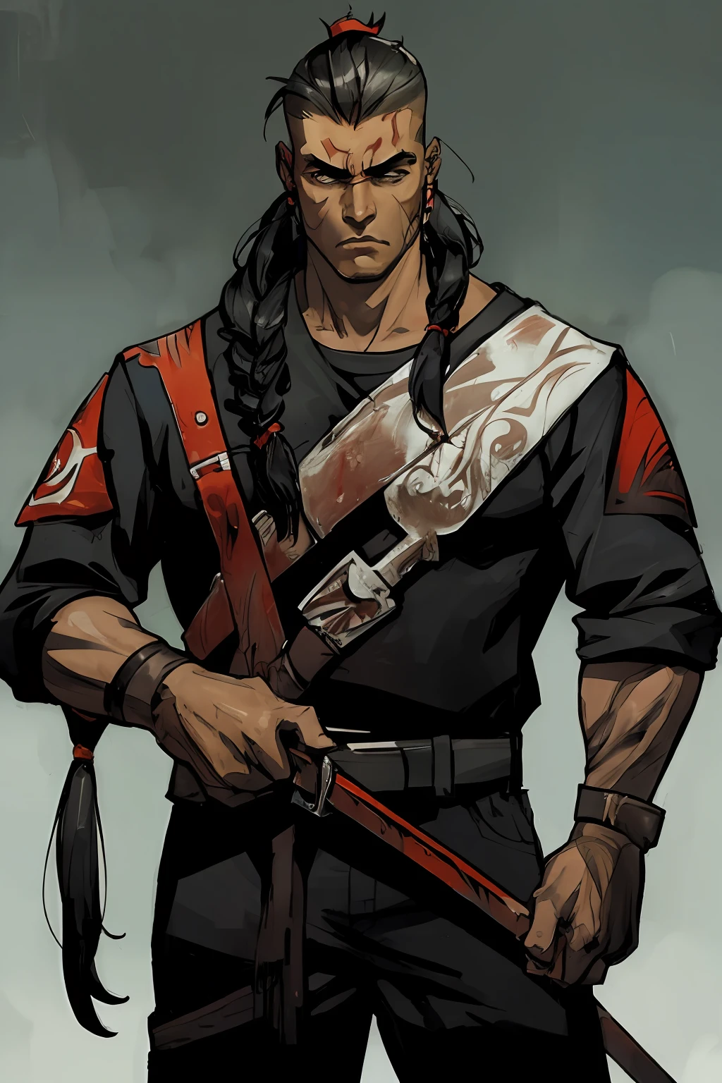 "A badass Native American young man wielding two tomahawks in a futuristic assassin gear, standing against an intense action-filled background with a touch of blood and showcasing his skills as a futuristic ruthless butcher assassin and scout. He also has a shaved sides of his head and a long braid. Best quality, (masterpiece), ( methurlant), comic, y2k animation, intricate detail, smooth,
