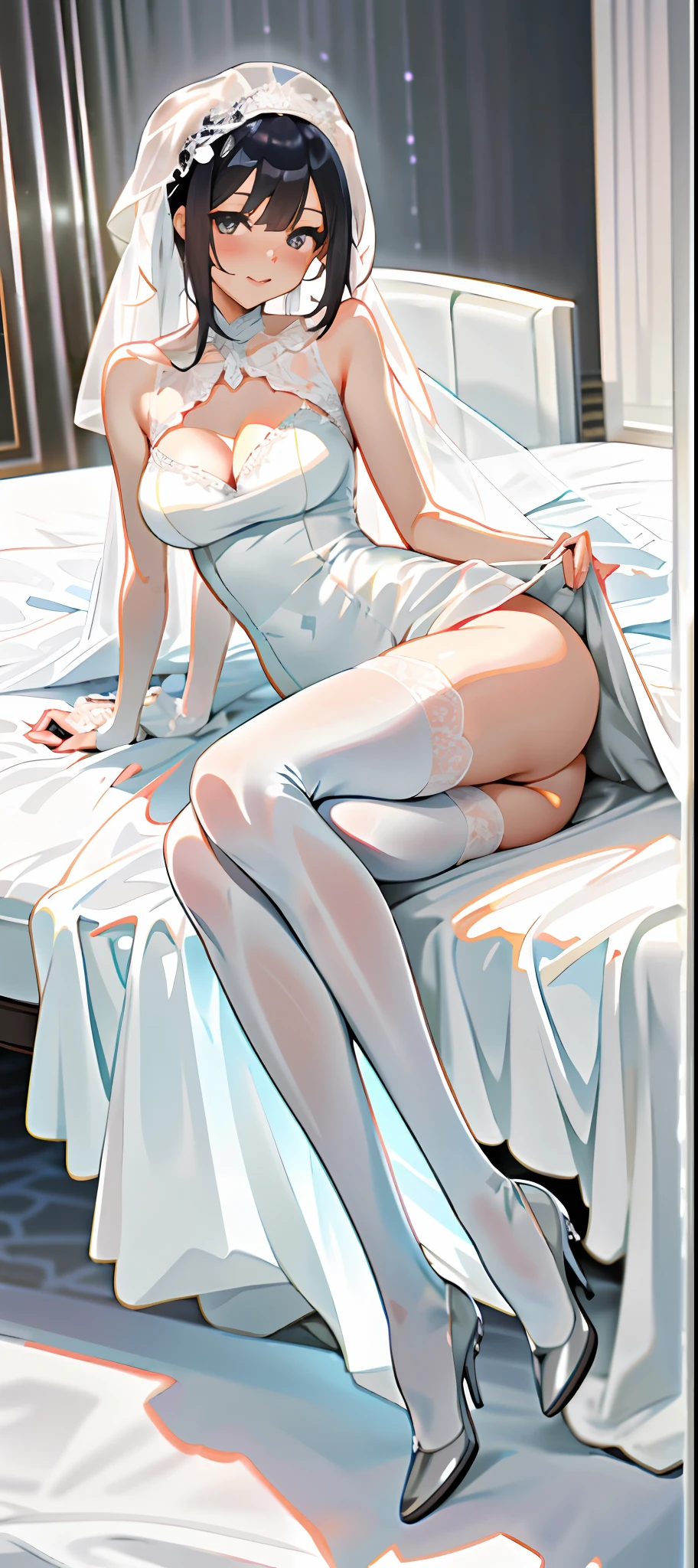 A woman in a white wedding dress poses for a photo, Angela White, thicc, White lace trim, 2263539546],white color hair， dressed in a beautiful white, 8K)), Wear a wedding dress loli,Slender figure，white color hair ，sakimichan, Anime comic style，White full sexy wedding dress, Full length and white stockings，Slim figure，Slim legs，Full body like，sexyposture，Seduction pose，vacuum，ssee-through，Get wet all over your body，Covered with mucus，Sitting down，spread their legs，Pure white wedding dress，Gorgeous wedding dress，Sexy wedding dress，