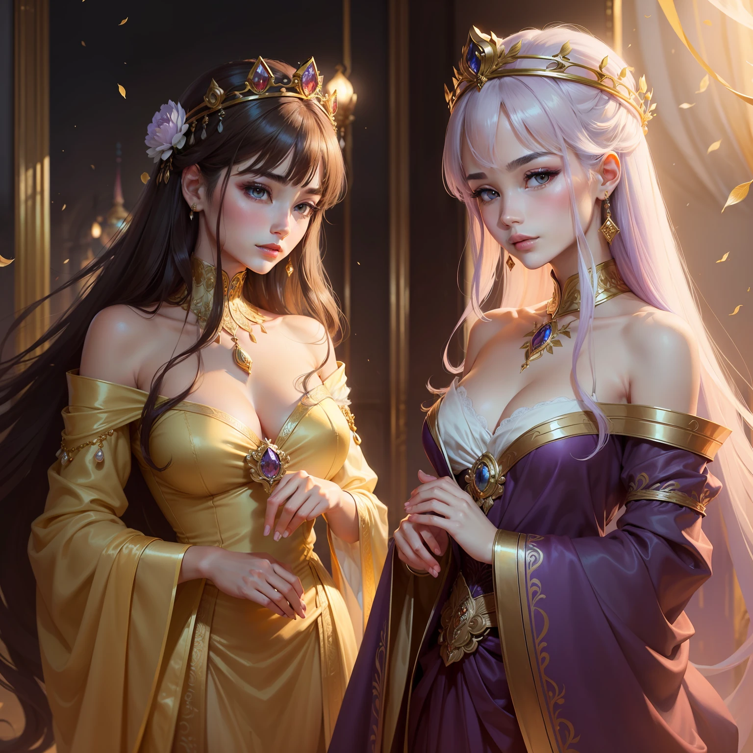 (((Quality+smoothness)+(Painting style+Beautiful))),Elegant and classical,Show off royalty,Mysterious ancient queen,Dignified and quiet,Fairy air is ethereal,Manners are elegant,Purple-gold crown,dark mode,Treasure in a bun,Bright silk clothes,Gorgeous gold ornaments,The face is dignified and beautiful,The color of moonlight,Spring flowers bloom,Scissors-like thin eyebrows,Gentle eyes。