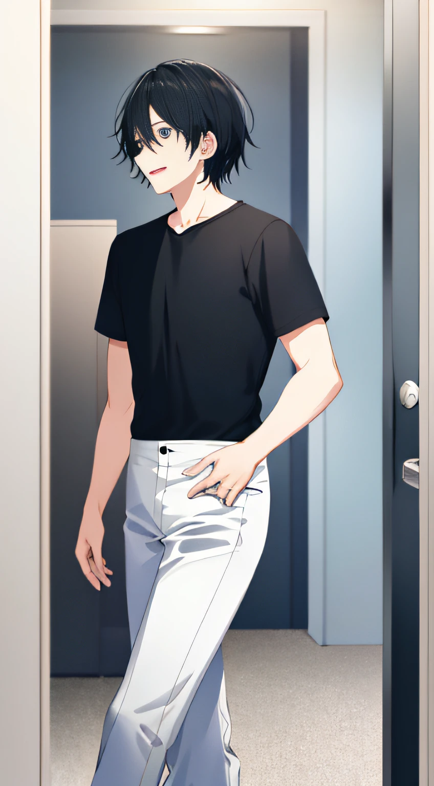 A man in clothes(black t-shirts,Long white pants)Open the office door,big laughter