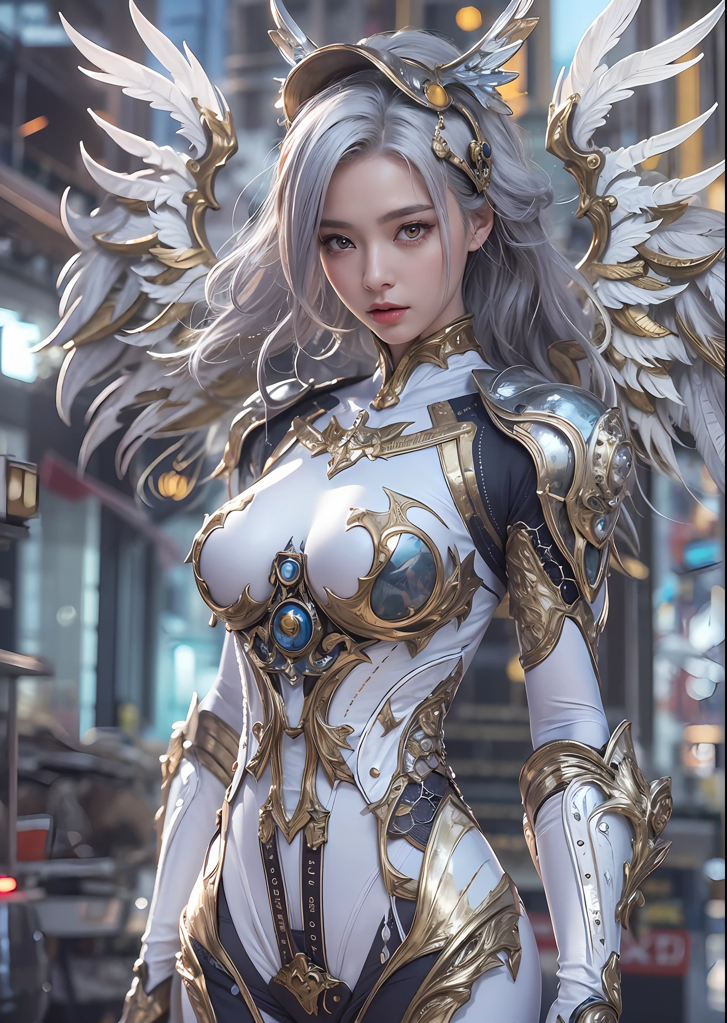 top-quality、​masterpiece、超A high resolution、(Photorealsitic:1.4)、Raw photo、Powered Suit Angel、large wings made of metal、White porcelain body、Acrylic Clear Cover、white  hair、glowy skin、1 Powered Suit Girl、((super realistic details))、portlate、globalillumination、Shadow、octan render、8K、ultrasharp、character edge light,Colossal tits、Raw skin is exposed in cleavage、Details of complex ornaments、Sumerian details、Hydraulic cylinder、Small LED lamp、highly intricate detail、Realistic light、a purple eye、radiant eyes、Facing the camera、neon details、cowboy  shot、Futuristic headgear、The background is a steampunk city、、