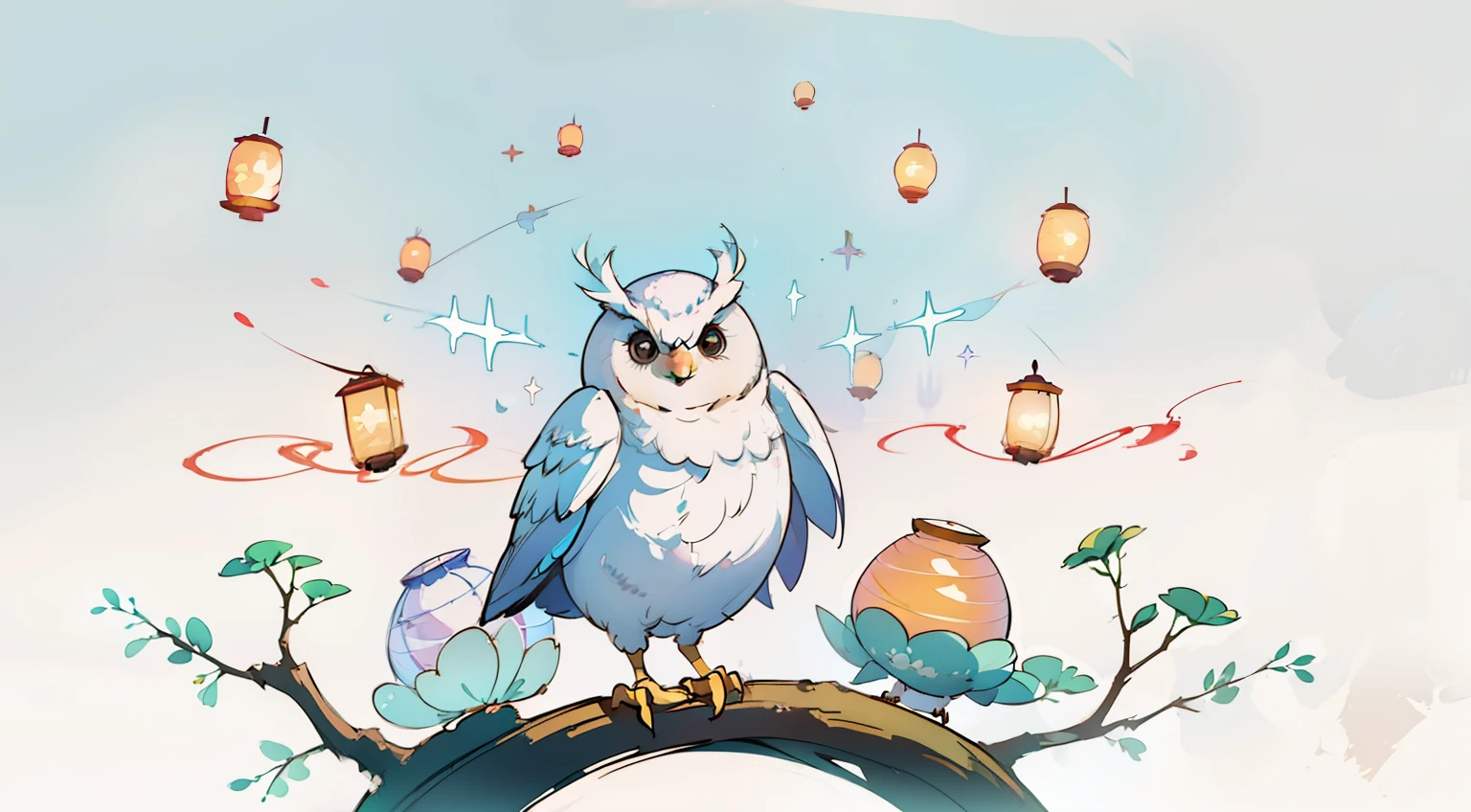 1sticker, Hand Account, (a sticker,chicken、a bird、owl、dove、sparklers, paper lanterns), watercolor paiting, White background, Simple background, Minimal, Cute, Tiny, pastel color, Vector style, no gradien