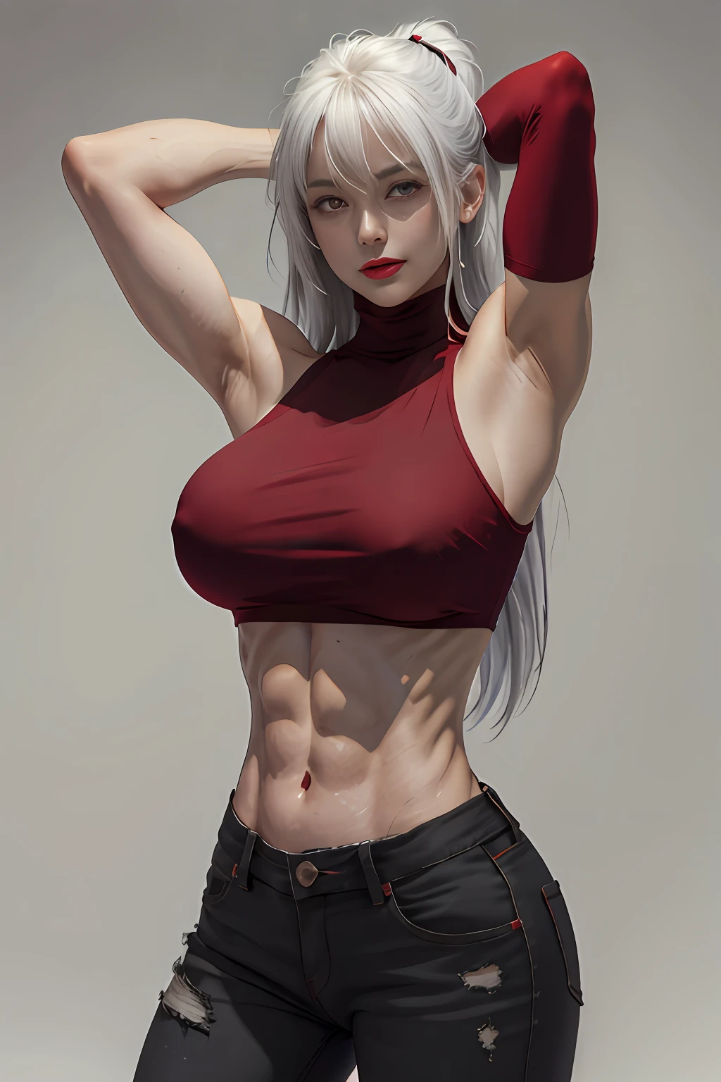 Girls, Bangs, Bare Shoulders, Black Pants, Breasts, Breasts squeezed together, Grey background, Hair between the eyes, Huge breasts, Long hair, View Viewer, Pants, Parted lips, Red eyes, Shirt, Simple background, Sleeveless, Sleeveless shirt, Solo, Turtleneck, V arm, White hair,(Shiny skin),(Masterpiece:1.4),(Best quality:1.4),,Facigirl,Red lips,Perfect abs, Navel, (nipple: 1.5), (sheer areola), nipple, huge, sweat, whole body