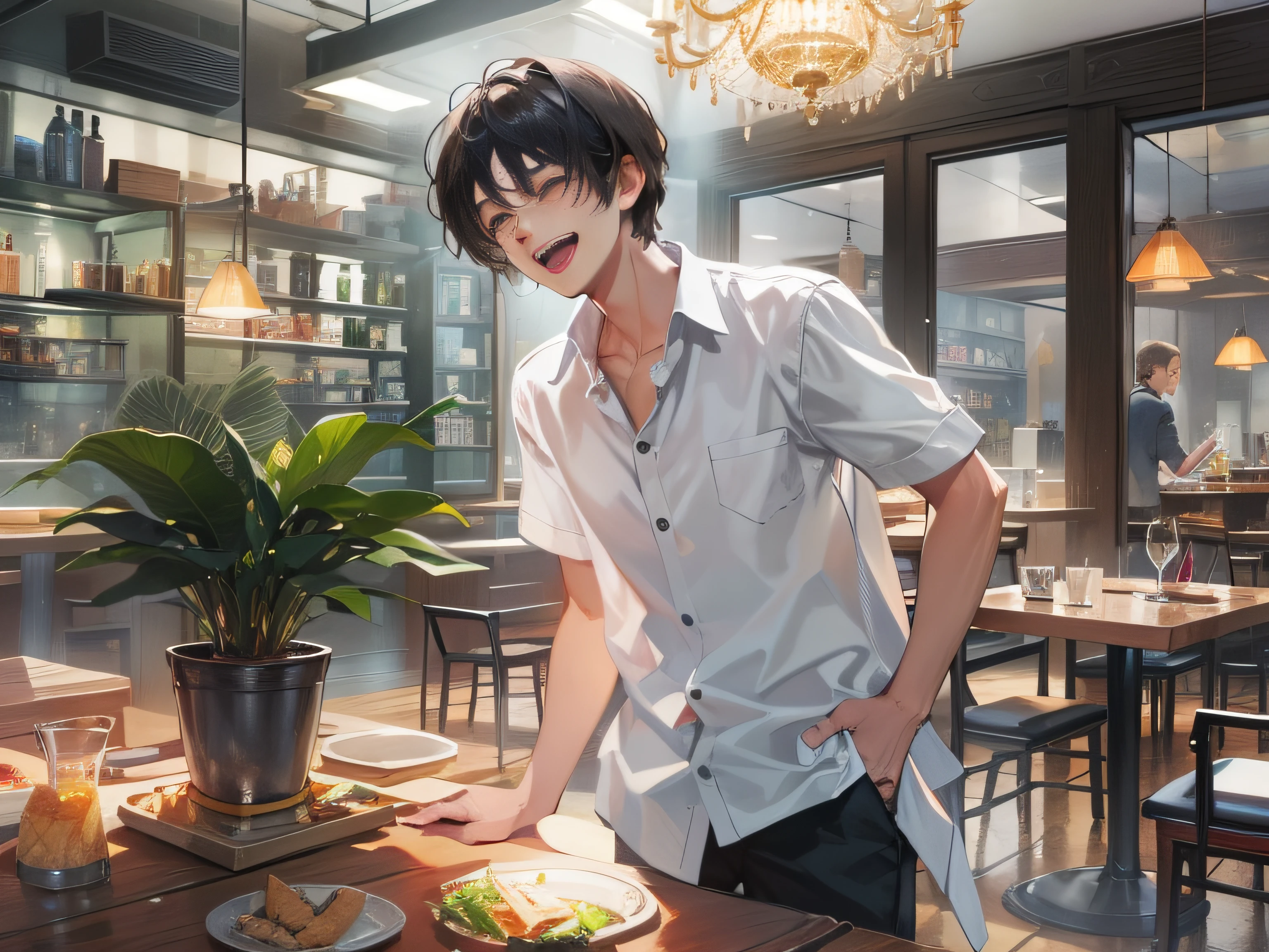 A 20-year-old boy wears white casual clothes，with short black hair，Rampant laughter，Inside the restaurant，grand master，tmasterpiece，8k wallpaper，CG，Ultra-high image quality，light and shadow effect