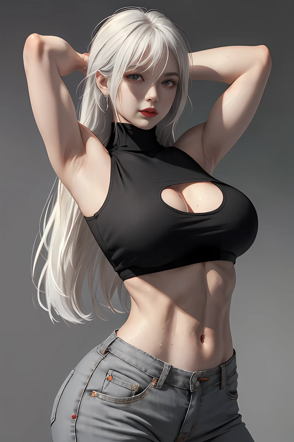 Girls, Bangs, Bare Shoulders, Black Pants, Breasts, Breasts squeezed together, Grey background, Hair between the eyes, Huge breasts, Long hair, View Viewer, Pants, Parted lips, Red eyes, Shirt, Simple background, Sleeveless, Sleeveless shirt, Solo, Turtleneck, V arm, White hair,(Shiny skin),(Masterpiece:1.4),(Best quality:1.4),,Facigirl,Red lips,Perfect abs, Navel, (nipple: 1.5), (sheer areola), nipple, huge, sweat, whole body