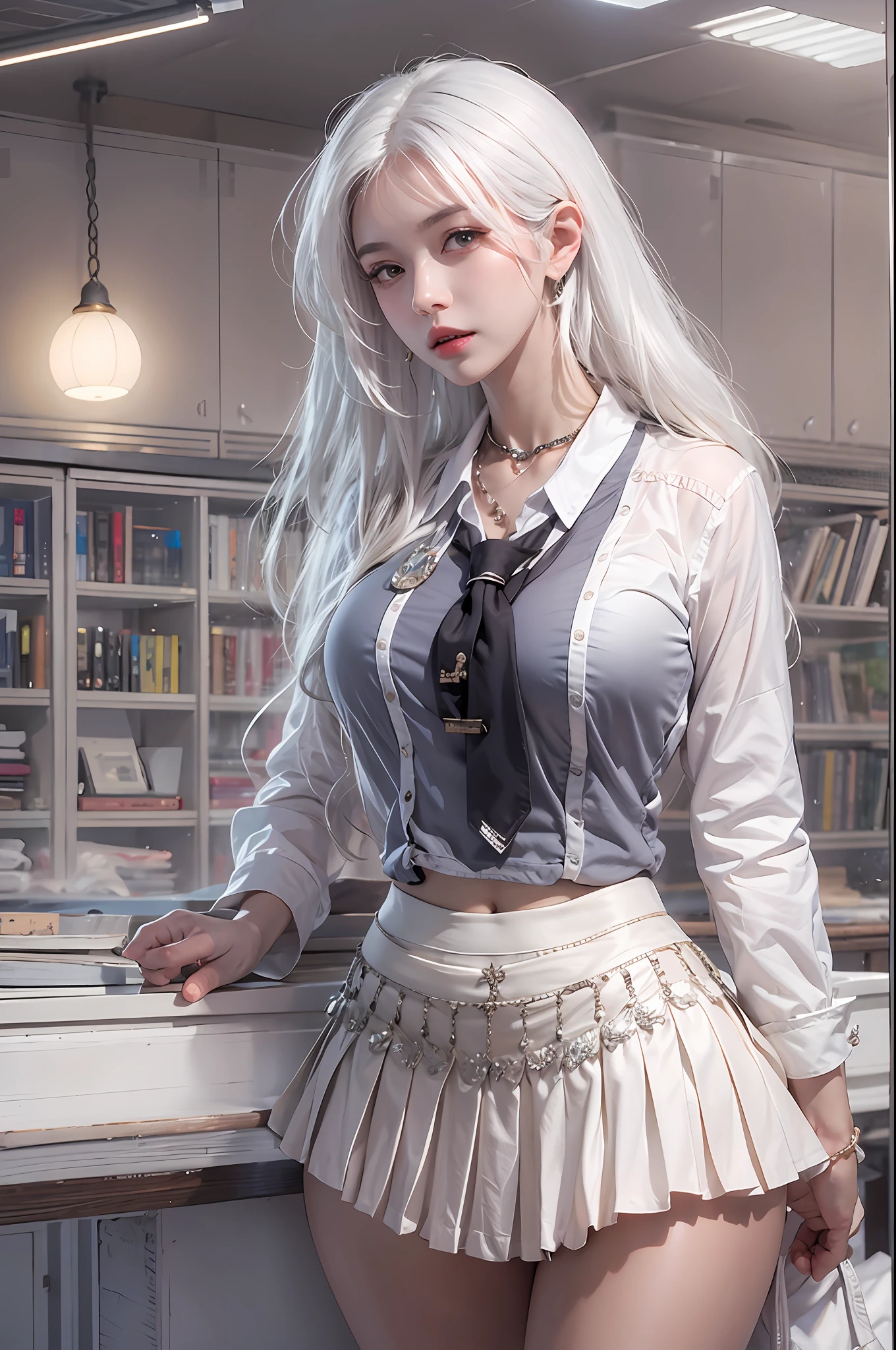 photorealistic, high resolution, soft lights, 1women, solo, hips up, look at viewer, (detailed face), white hair, long hair, school uniform, skirt, jewelry