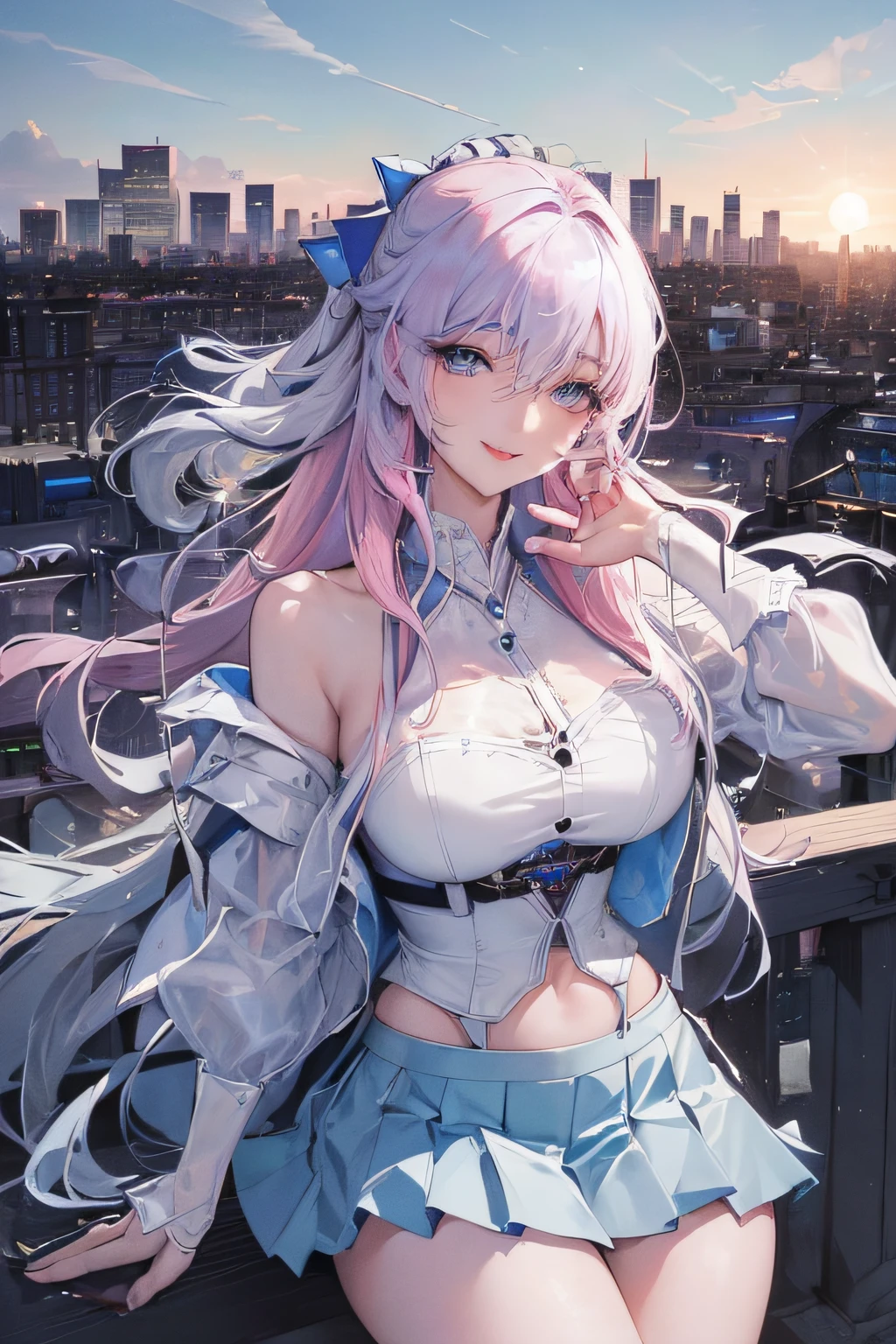 official art, masterpiece, sharp focus, (beautiful gorgeous cute Korean woman:1.3), (beautiful cute korean:1.3), korean beauty, Delicate and beautiful hair and eyes and face, realistic, ultra detailed, beautiful girl, blue sky, glow white particle, (sidelighting:1.2), sun light, white cloud, detailed clouds, slender, Lovely very large breasts and very large hips, smile with teeth, ((smile with eyes, open both eyes)), scenery, long straight hair, sexy facial expression, building, (cityscape:1.7), dynamic hair, long straight hair, detailed platinum pink hair, glow blue eyes, (blue pleated shirts + white skirt), white long socks, pale skin, hair ornament, epic scenery,