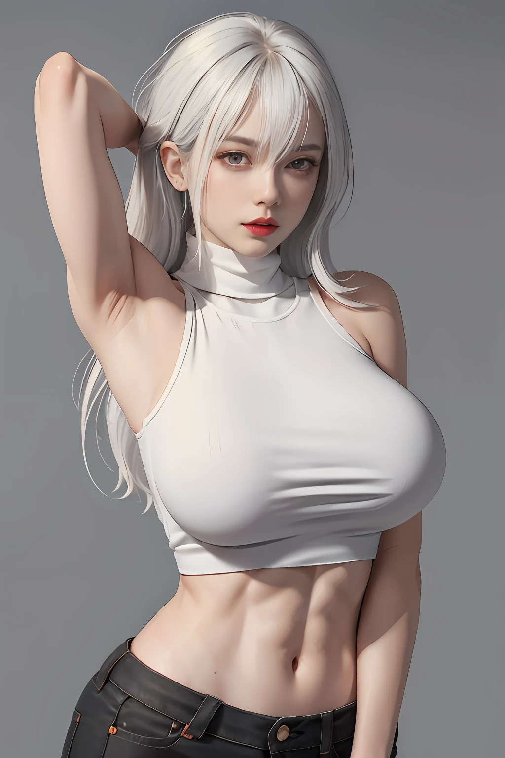 Girls, Bangs, Bare Shoulders, Black Pants, Breasts, Breasts squeezed together, Grey background, Hair between the eyes, Huge breasts, Long hair, View Viewer, Pants, Parted lips, Red eyes, Shirt, Simple background, Sleeveless, Sleeveless shirt, Solo, Turtleneck, V arm, White hair,(Shiny skin),(Masterpiece:1.4),(Best quality:1.4),,Facigirl,Red lips,Perfect abs, Navel, (nipple: 1.5), (sheer areola), nipple, huge, sweat, whole body