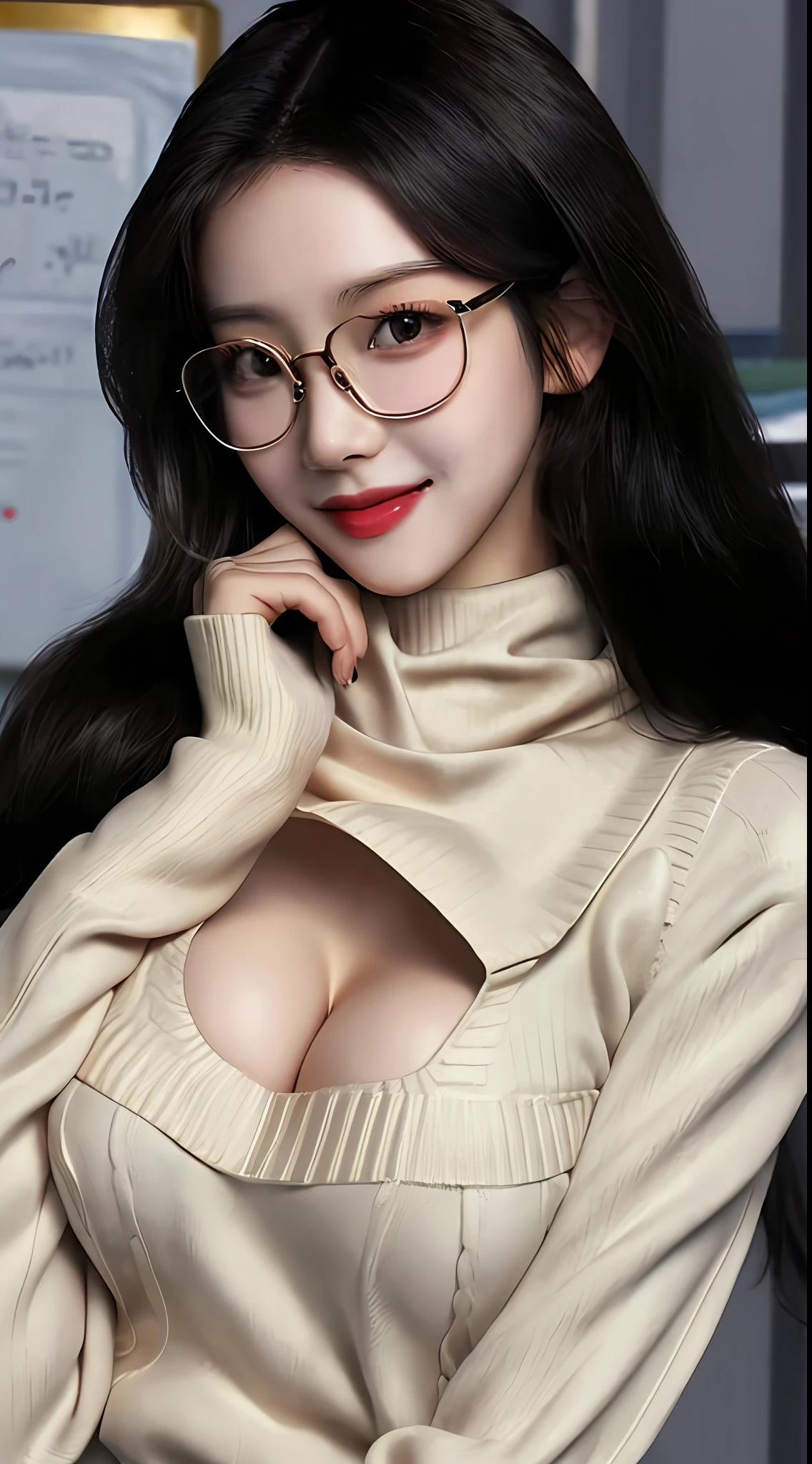 masterpiece, best quality, detailed face, detailed eyes,   HULisa, black hair, glasses, Sweater on open chest, turtleneck, smile, nervous, indoors, office, school, mature female, 1girl, gigantic boobs