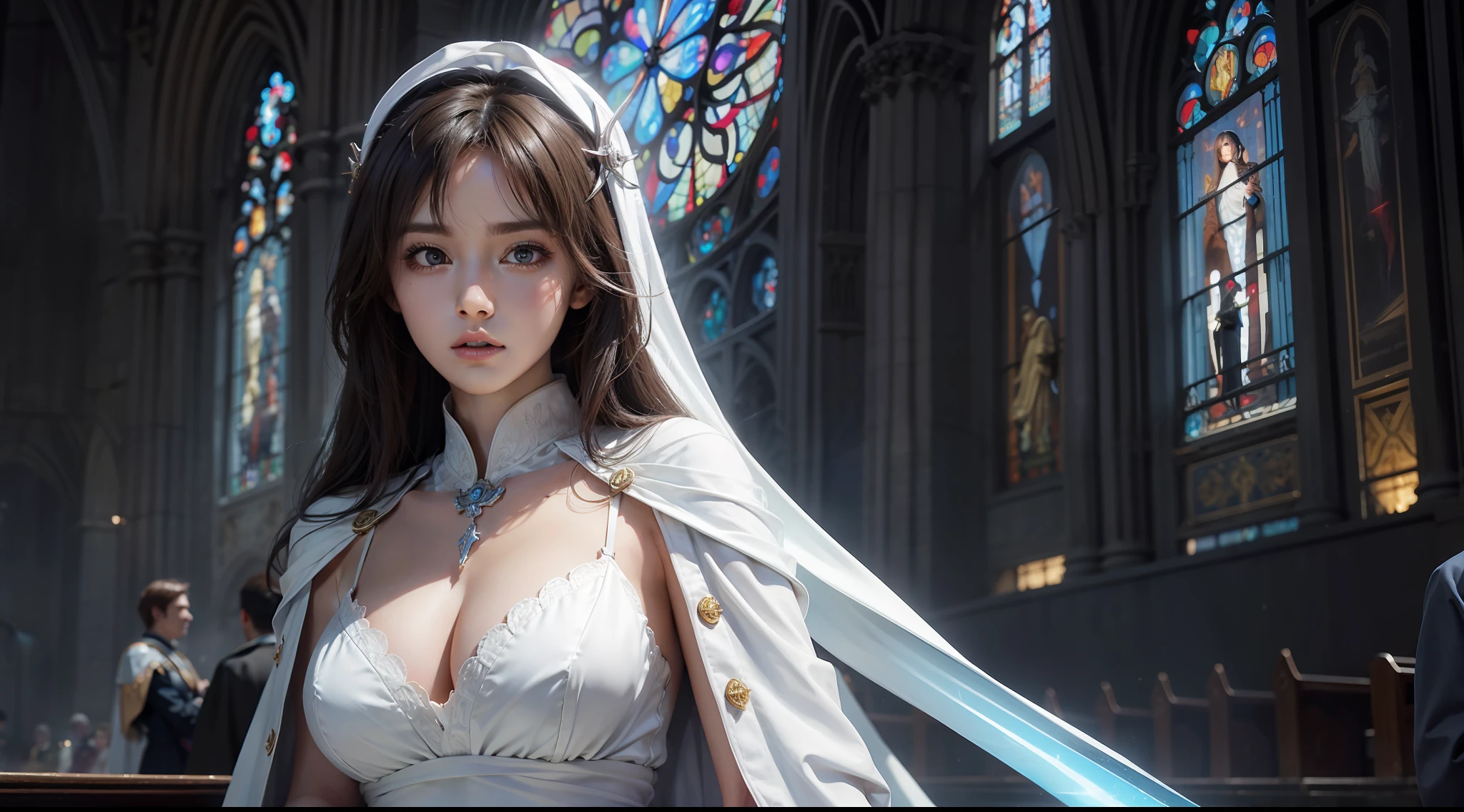 (Award-winning digital artwork:1.3) af (sketching:1.3),(with dynamism:1.3),(Saturation:1.3),(Close portrait:1.3),(femele:1.4),(big breasts beautiful: 1.4),(carismatic:1.3),angelicales,Perfect Detailed Eyes,Bright magic,Church background,Large breasts,complex patterns,Film filter, ,dramatics,dynamicposes,illusory engine, (High detail: 1.9),Glowing sword,long white robe
