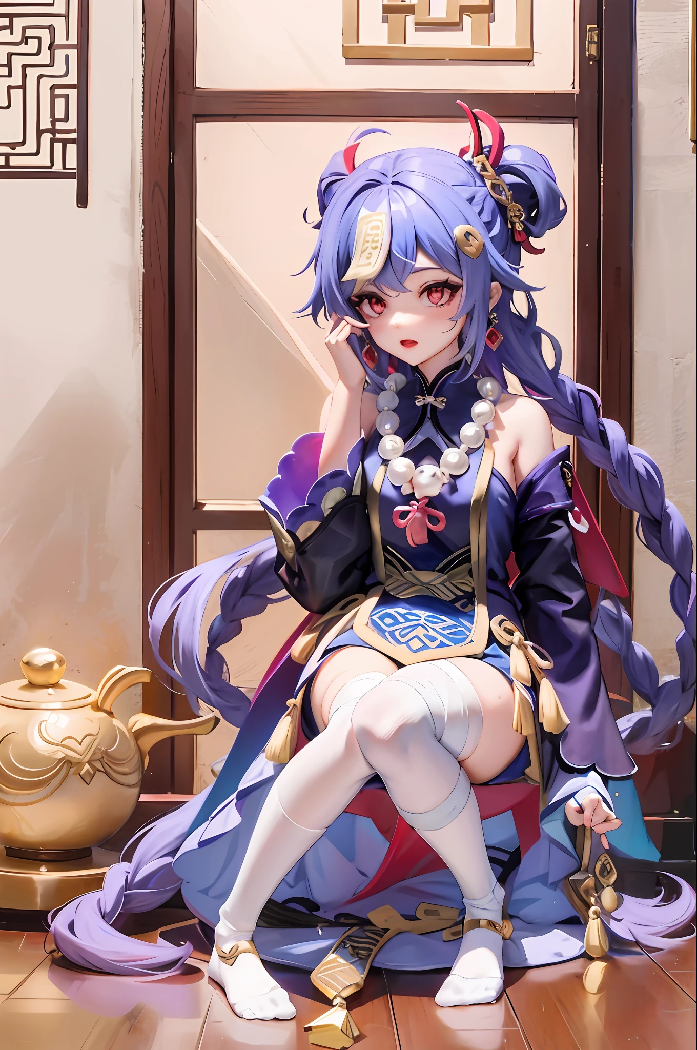 ,Kiki (Genshin Impact),1girll,ofuda,JiangshiT,Qingguan Mao,Braid,Blue hair,Long hair,Red eyes,hair adornments,Earrings,bead necklace,jewelry,Long sleeves,Wide sleeves,white thighhighs,Chinese clothes,Shorts,bandaged leg,nail polish,(Wear only socks)