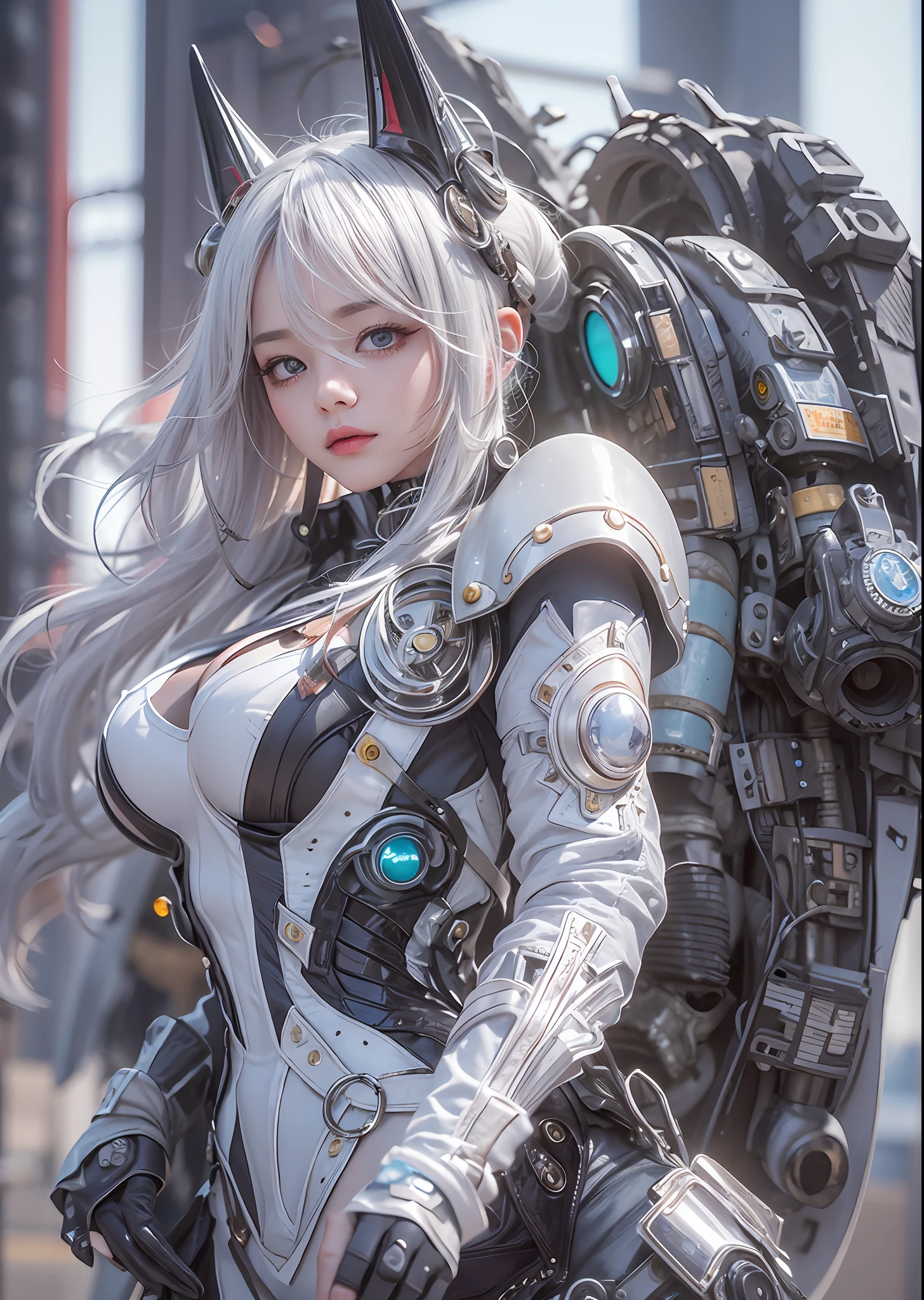 top-quality、masterpiece、超A high resolution、(Photorealsitic:1.4)、Raw photo、Powered Suit Angel、large wings made of metal、White porcelain body、Acrylic Clear Cover、white hair、glowy skin、1 Powered Suit Girl、((super realistic details))、portlate、globalillumination、Shadow、octan render、8K、ultrasharp、character edge light,Colossal tits、Raw skin is exposed in cleavage、Details of complex ornaments、Sumerian details、Hydraulic cylinder、Small LED lamp、highly intricate detail、Realistic light、a purple eye、radiant eyes、Facing the camera、neon details、cowboy shot、Futuristic headgear、The background is a steampunk city、、