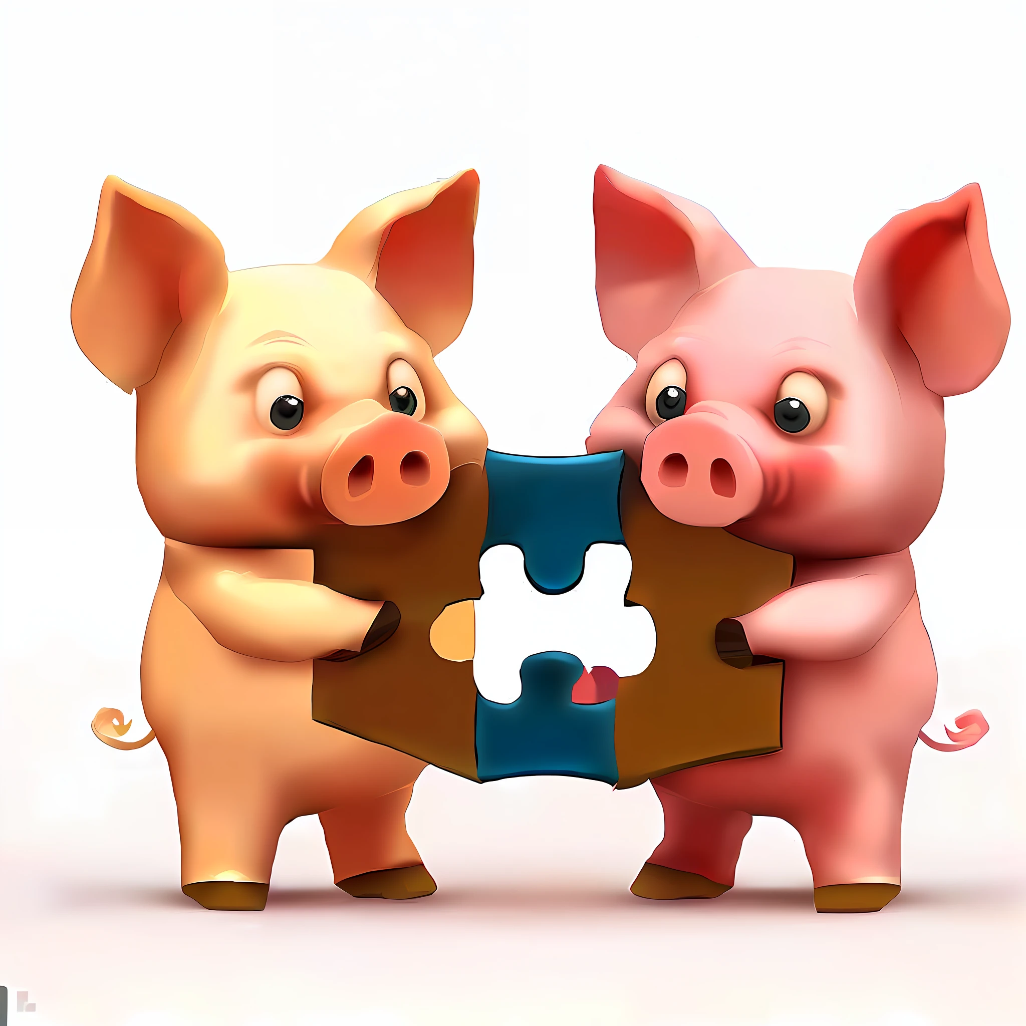 There are two pigs holding a piece of the puzzle together, pigs, 对称!, 对称!!, piggy, merging, wallpaper - 1 0 2 4, 1 0 2 4 x 7 6 8, cute 3 d render, ads, Pig, Pig pig pig, very symmetrical, 对称