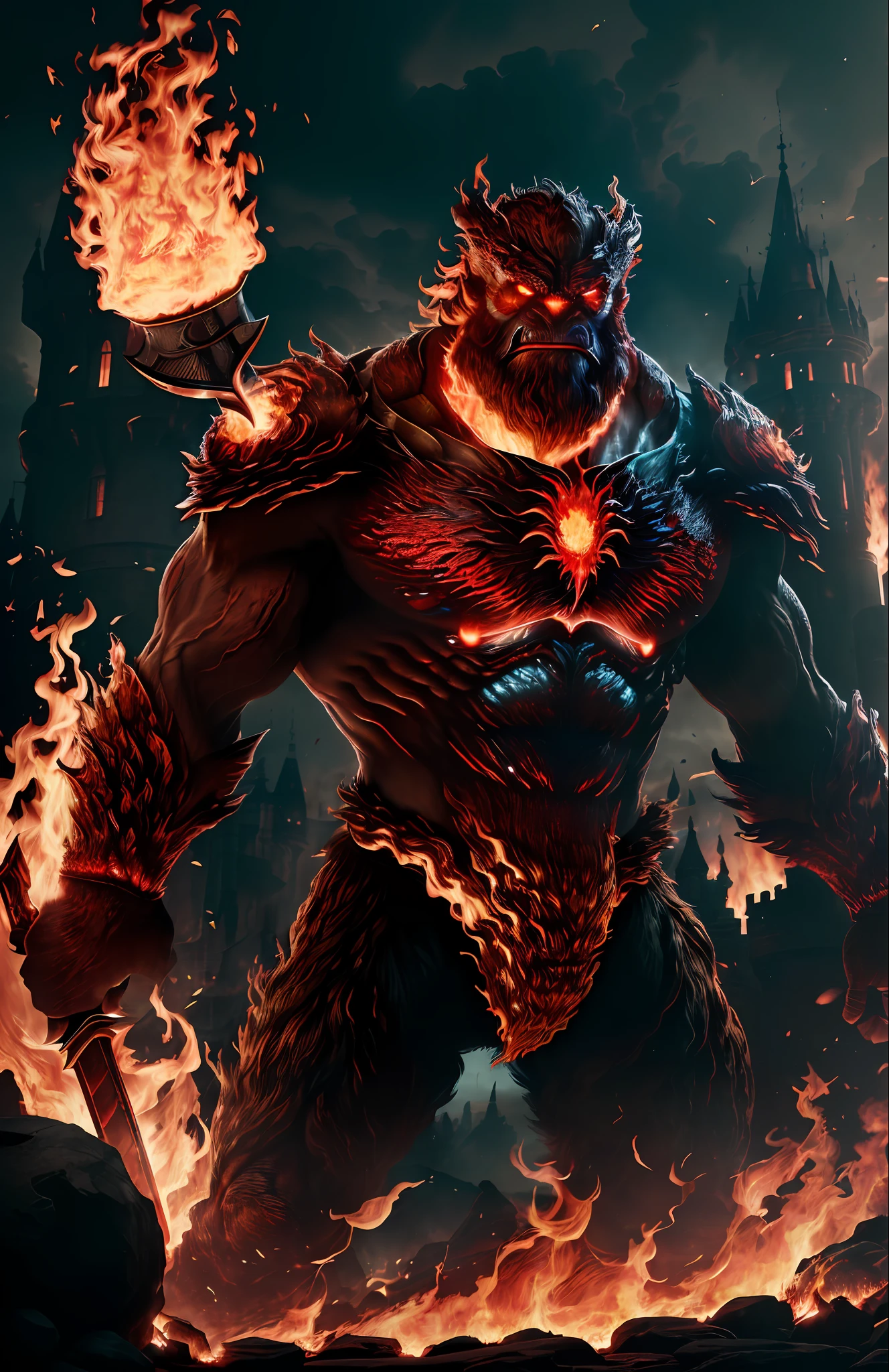 (8k, RAW photo, best quality, masterpiece:1.2), (realistic, photo-realistic:1.37), octane render, ultra high res, ultra-detailed ,professional lighting, photon mapping, radiosity, physically-based rendering, ue5, ((earth giant monster)), ((red glowing ember on giant's body)), ((red eyes)), ((holding flaming sword)), ((burning castle)), ((flaming wings))