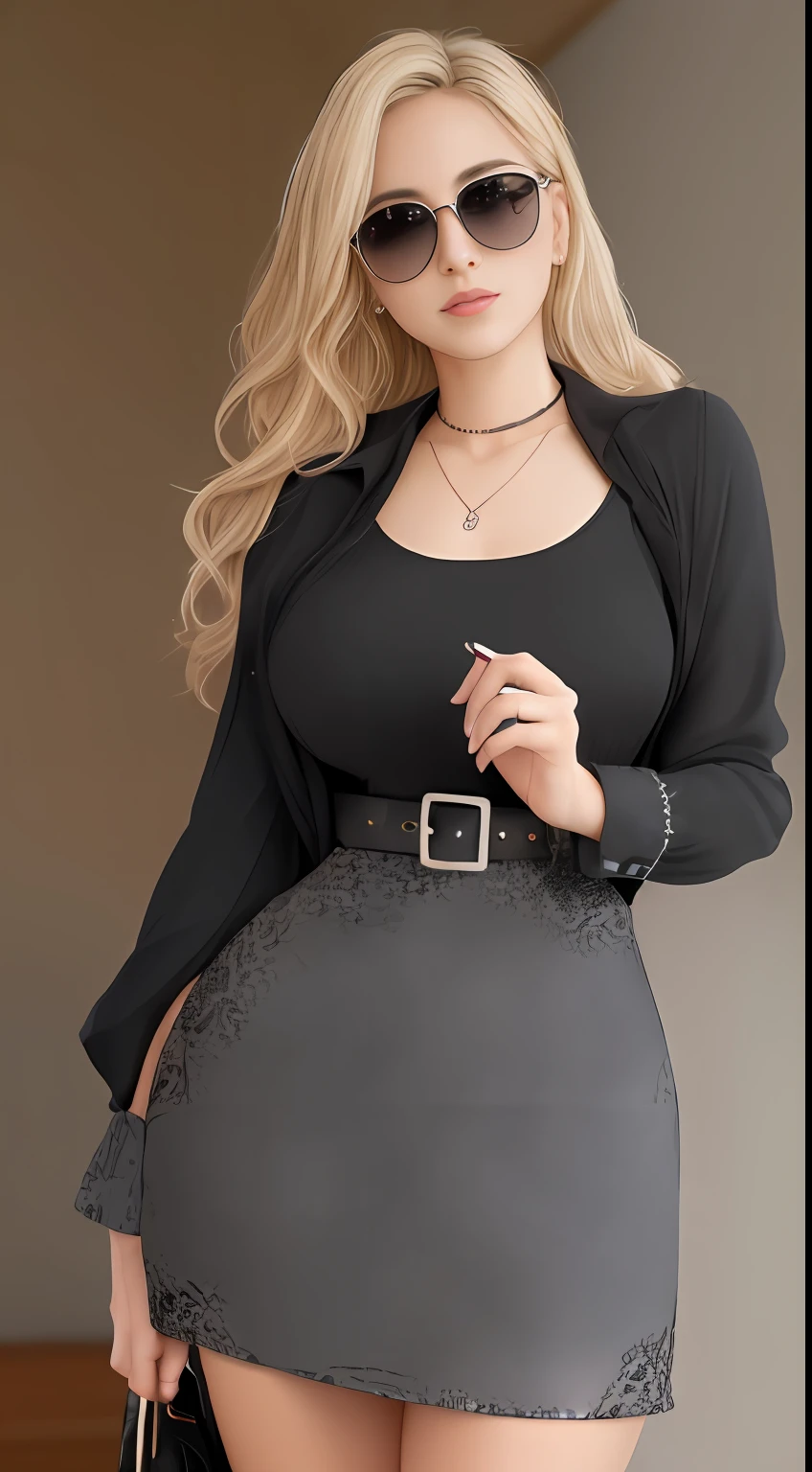 4K,tmasterpiece,A high resolution,absurderes,Natural volumetric lighting and optimal shadows,Deep depth of field,tack sharp focus,Soft and delicate and beautiful face of the charm,The blonde Nadia wears sunglasses and a necklace,ssmile,Excitement masterpiece, absurderes, an award winning photograph, The is very detailed, astounding, finely detailled, extremelydetailedeyesandface, Lee Jeffries Nikon D850 Film Stock Photo 4 Kodak Portra 400 Camera F1.6 shots Rich colors Ultra-realistic realistic textures Dramatic lighting Unreal Engine Art Station Trends Movie stills 800 tungsten light, Beutiful women , slim, big breasts thin waist,pencil_dress, A woman wears (pencil_dress, One dressed in a black and white checkered pencil_Dressed woman,holding a purse,button,V-shaped:1.125),