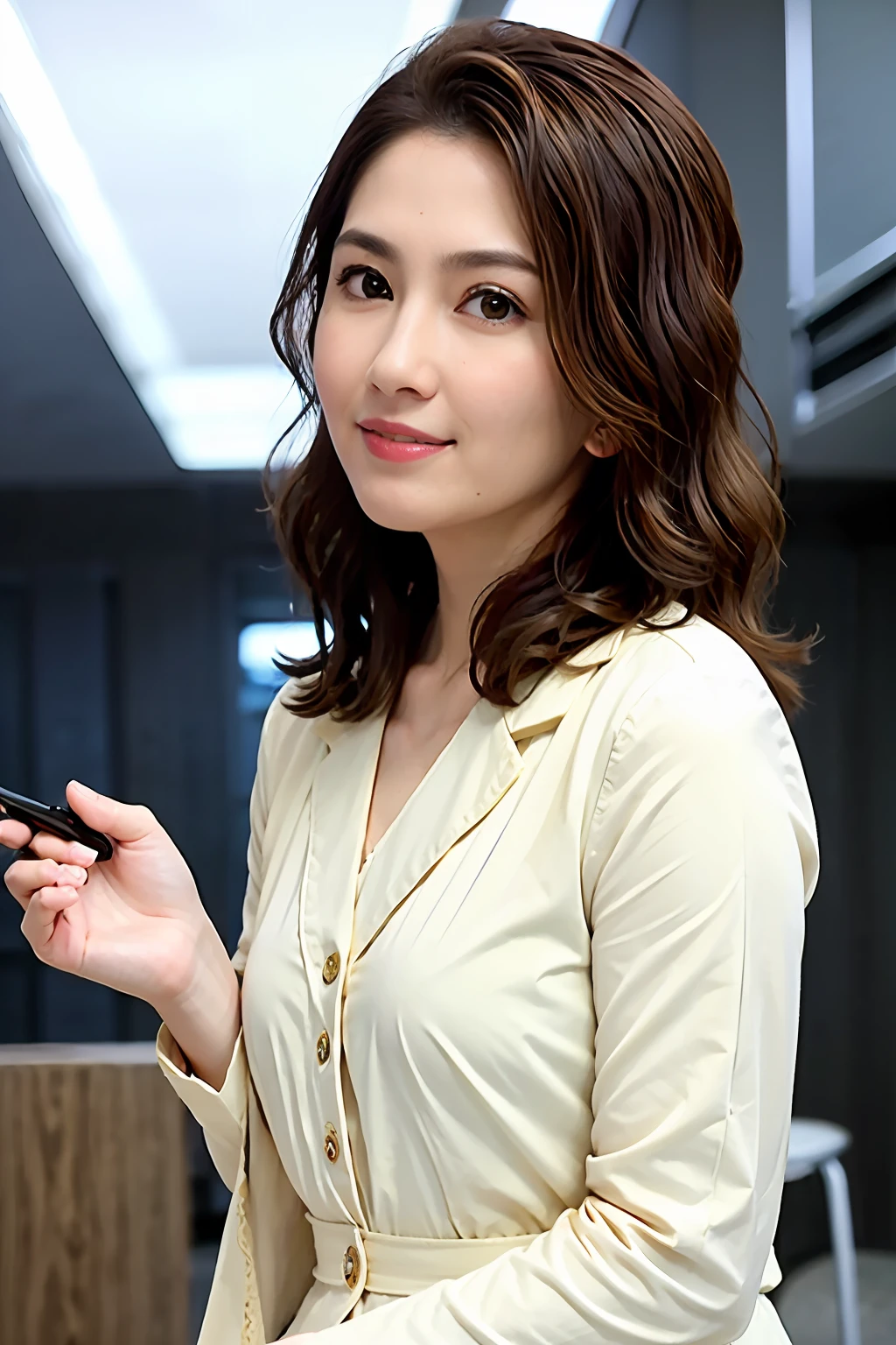 (airport:1), mid afternoon, (Doctor Gown:1), Short bright brown fringed hair, Light brown eyes, 1girll, 20 years old, Innocent, (Photorealistic), (Intricate details:1.2),(Masterpiece, :1.3),(Best quality:1.4), (超高分辨率:1.2), 超高分辨率, (Detailed eyes), (Detailed facial features), hdr, 8K resolution, (Lens flare:0.7), Turn around, Busy with inspection reports, Face viewer
