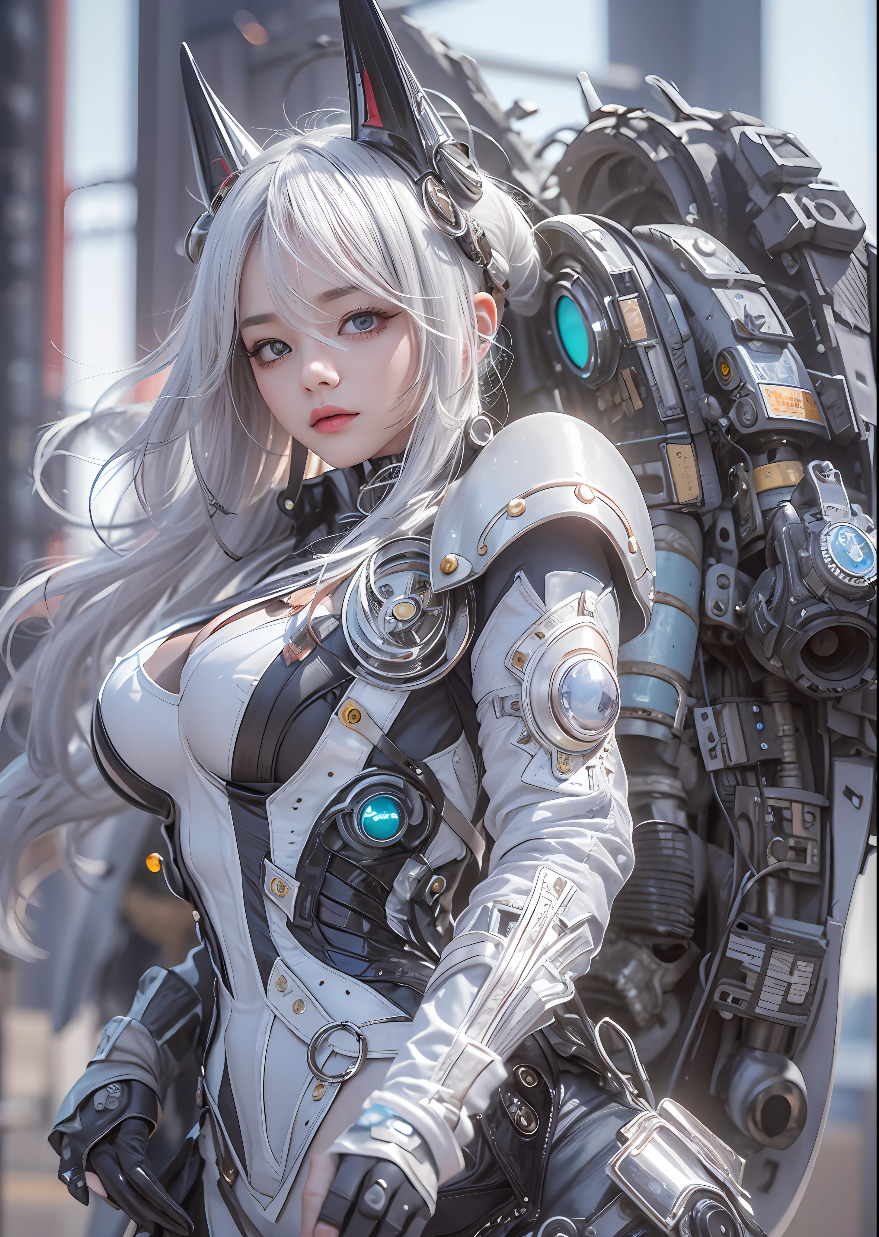 top-quality、masterpiece、超A high resolution、(Photorealsitic:1.4)、Raw photo、Powered Suit Angel、large wings made of metal、White porcelain body、Acrylic Clear Cover、white hair、glowy skin、1 Powered Suit Girl、((super realistic details))、portlate、globalillumination、Shadow、octan render、8K、ultrasharp、character edge light,Colossal tits、Raw skin is exposed in cleavage、Details of complex ornaments、Sumerian details、Hydraulic cylinder、Small LED lamp、highly intricate detail、Realistic light、a purple eye、radiant eyes、Facing the camera、neon details、cowboy shot、Futuristic headgear、The background is a steampunk city、、