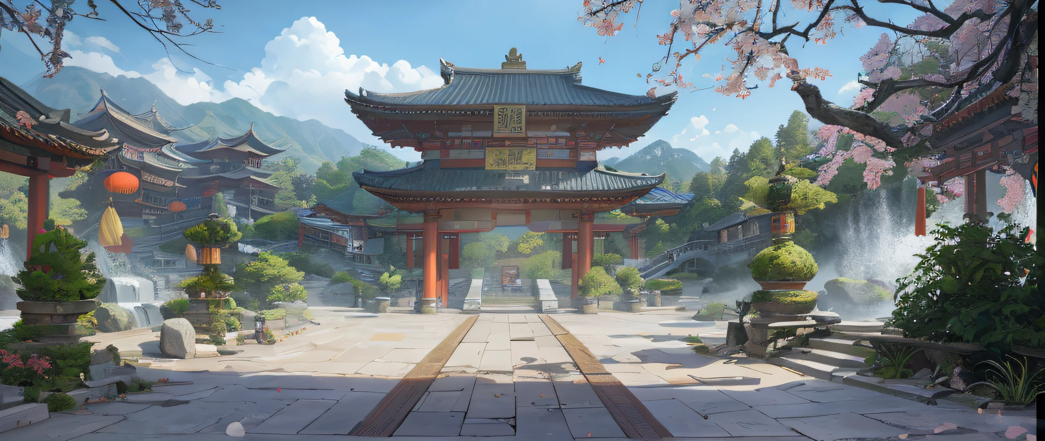 Martial arts scenes,Valley streams,Taoist Temple Mountain Gate,Chinese-style scene,photorealestic,The clouds and mountains are foggy,ladder,the woods,waterfallr,Pavilions,Ancient scenes,Chinese-style architecture