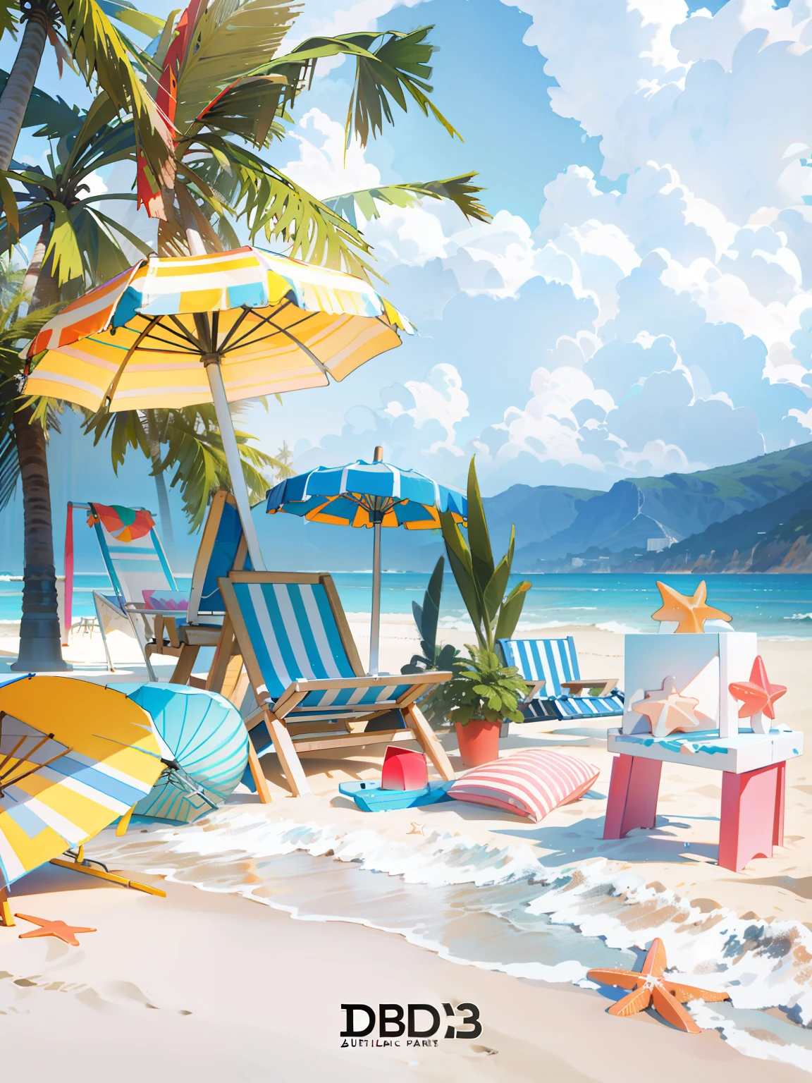 There are many beach chairs and umbrellas on the beach, beach aesthetic, surfboard,promotional render, seaside backgroud, goodlooking, Beach background, beach setting, beach setting medium shot, trend on behance 3d art, trend on behance 3 d art, Beach scene, Official artwork。