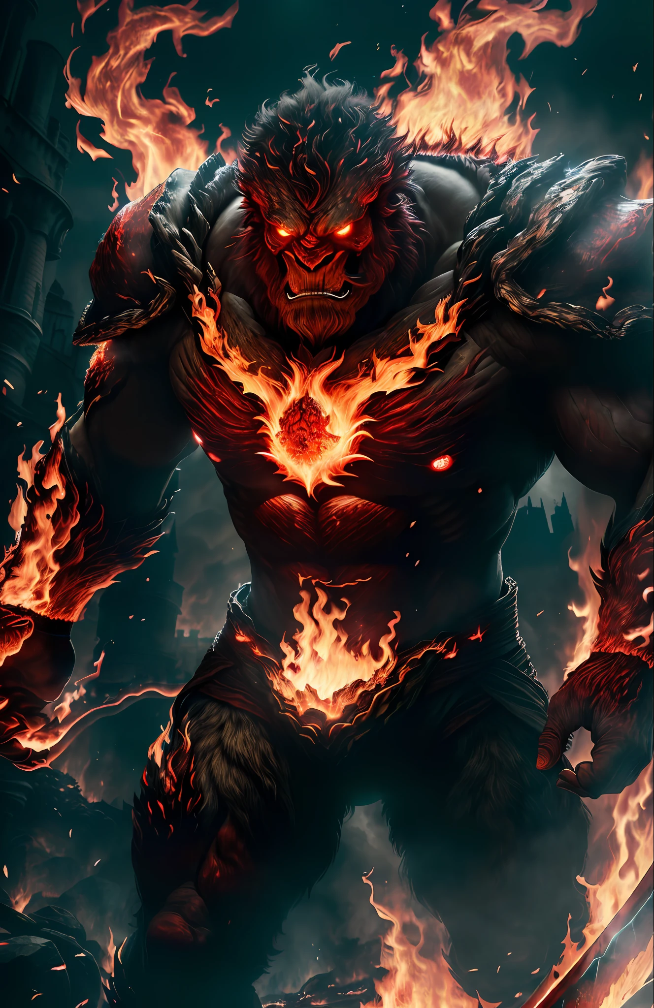 (8k, RAW photo, best quality, masterpiece:1.2), (realistic, photo-realistic:1.37), octane render, ultra high res, ultra-detailed ,professional lighting, photon mapping, radiosity, physically-based rendering, ue5, ((earth giant monster)), ((red glowing ember on giant's body)), ((red eyes)), ((holding flaming sword)), ((burning castle)), ((flaming wings))