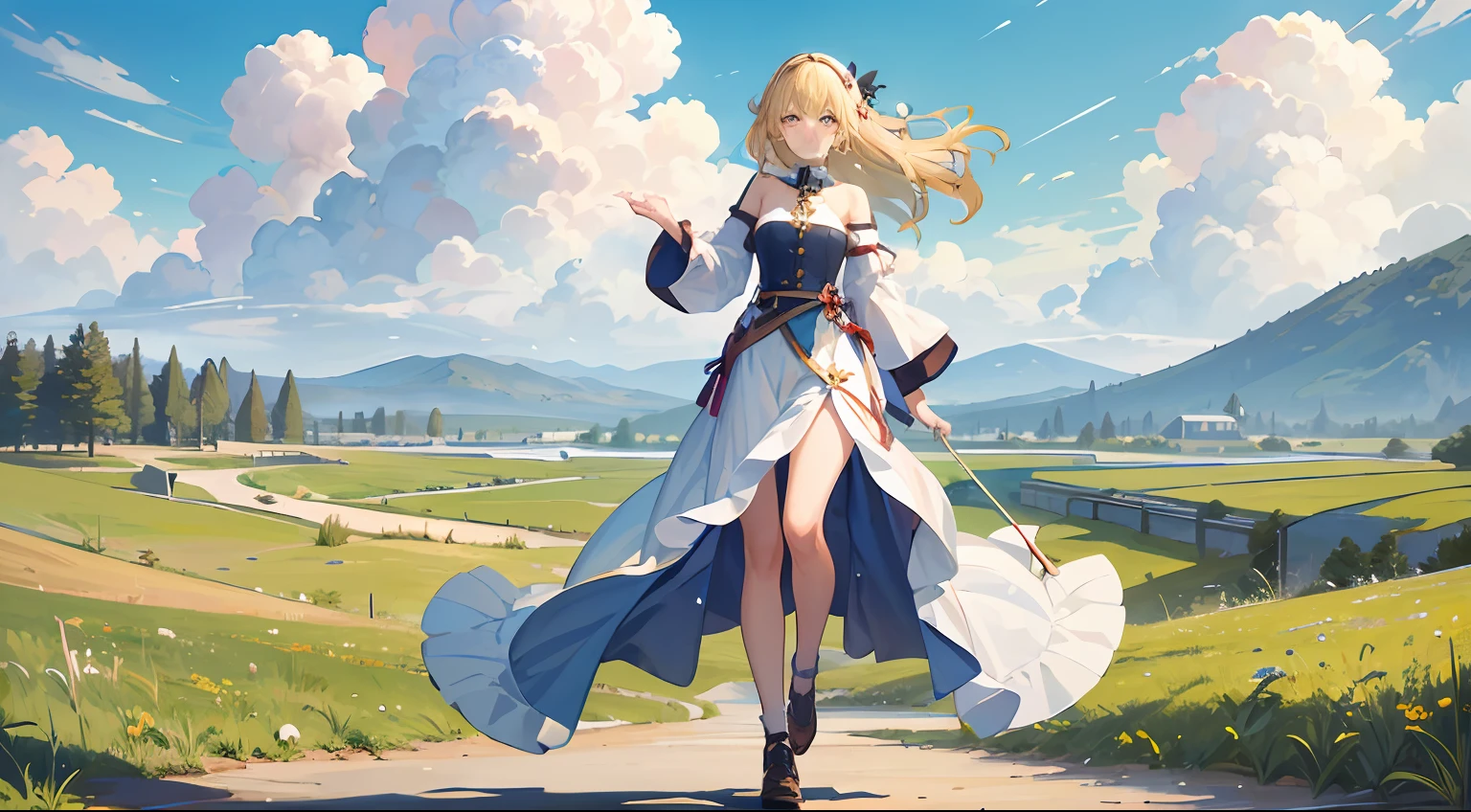 Beautiful girl with blonde hair and green prairie white cloud full body picture