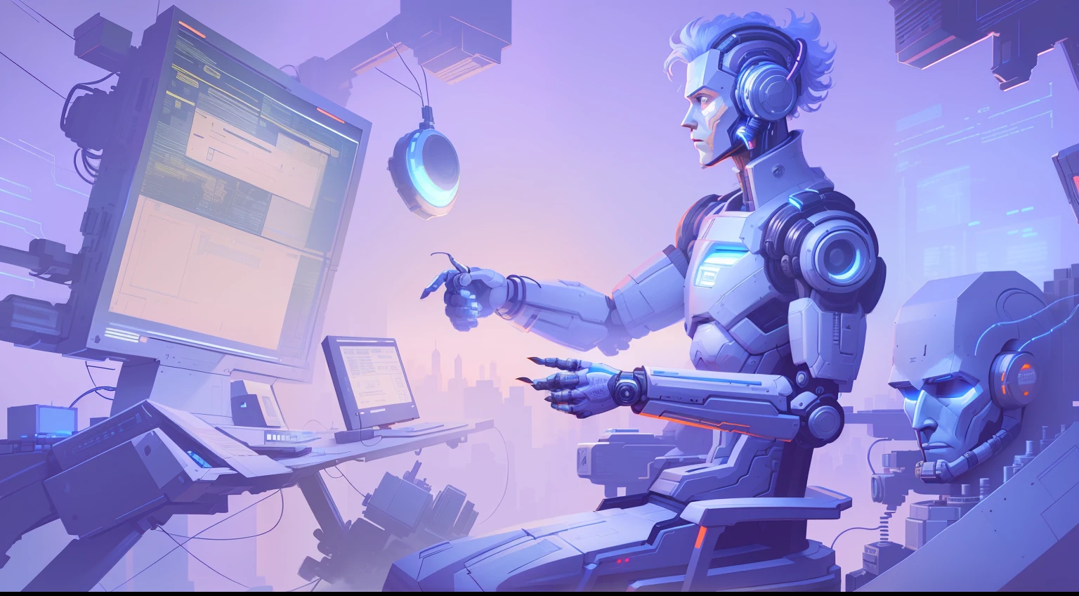 Illustration of a robot with a computer screen and a bunch of objects, digital concept art illustration, in style of laurie greasley, digital 2d illustration, digital concept art, detailed cyberpunk illustration, sci-fi illustrations, sci-fi illustrations, cyberpunk illustration, Cyberpunk art style, digital character illustration, detailed digital concept art, Science-fi digital art illustration
