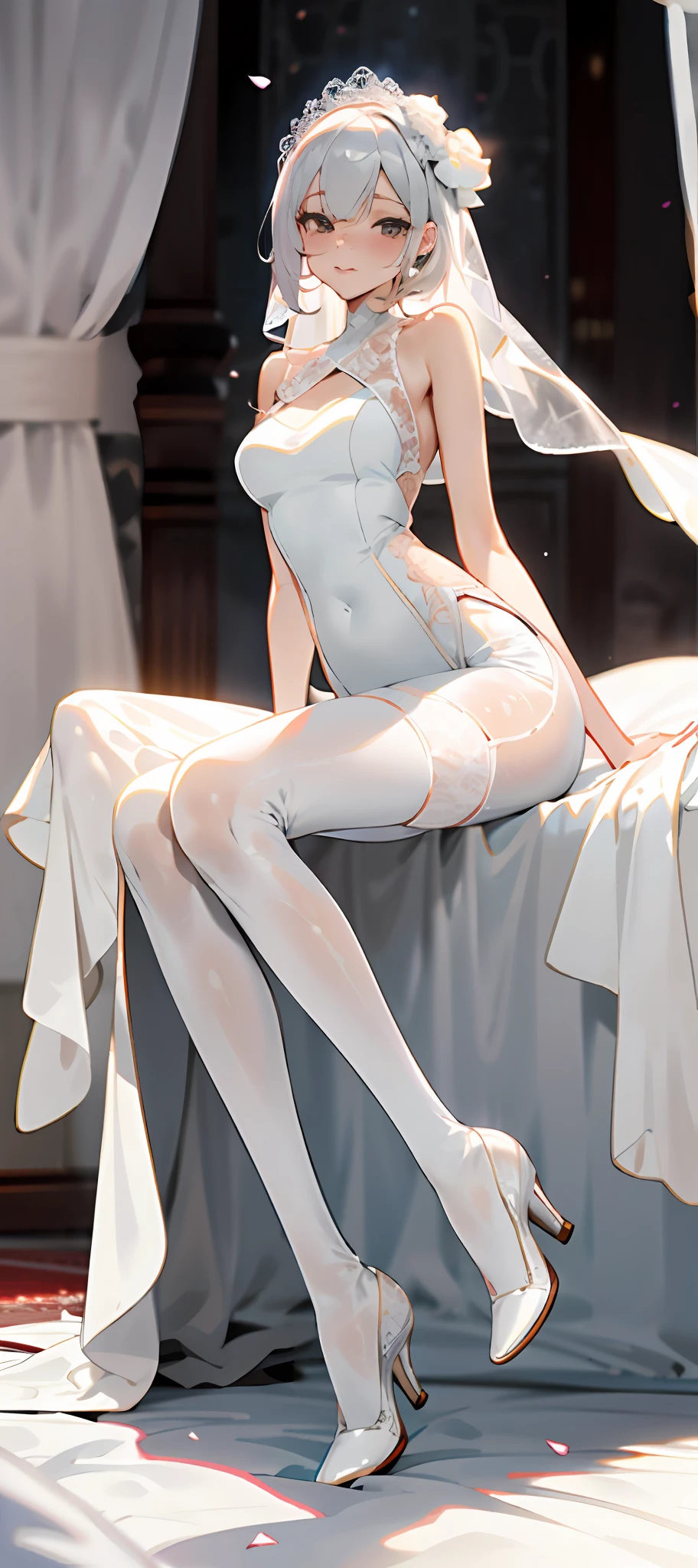 A woman in a white wedding dress poses for a photo, Angela White, thicc, White lace trim, 2263539546],White color hair， dressed in a beautiful white, 8K)), Wear a wedding dress ,Slender figure，White color hair ，sakimichan, Anime comic style，White full sexy wedding dress, Full length and white stockings，Slim figure，Slim legs，Full body like，sexyposture，Seduction pose，vacuum，ssee-through，Get wet all over your body，Covered with mucus，Sitting down，spread their legs，Pure white wedding dress，Gorgeous wedding dress，Sexy wedding dress，