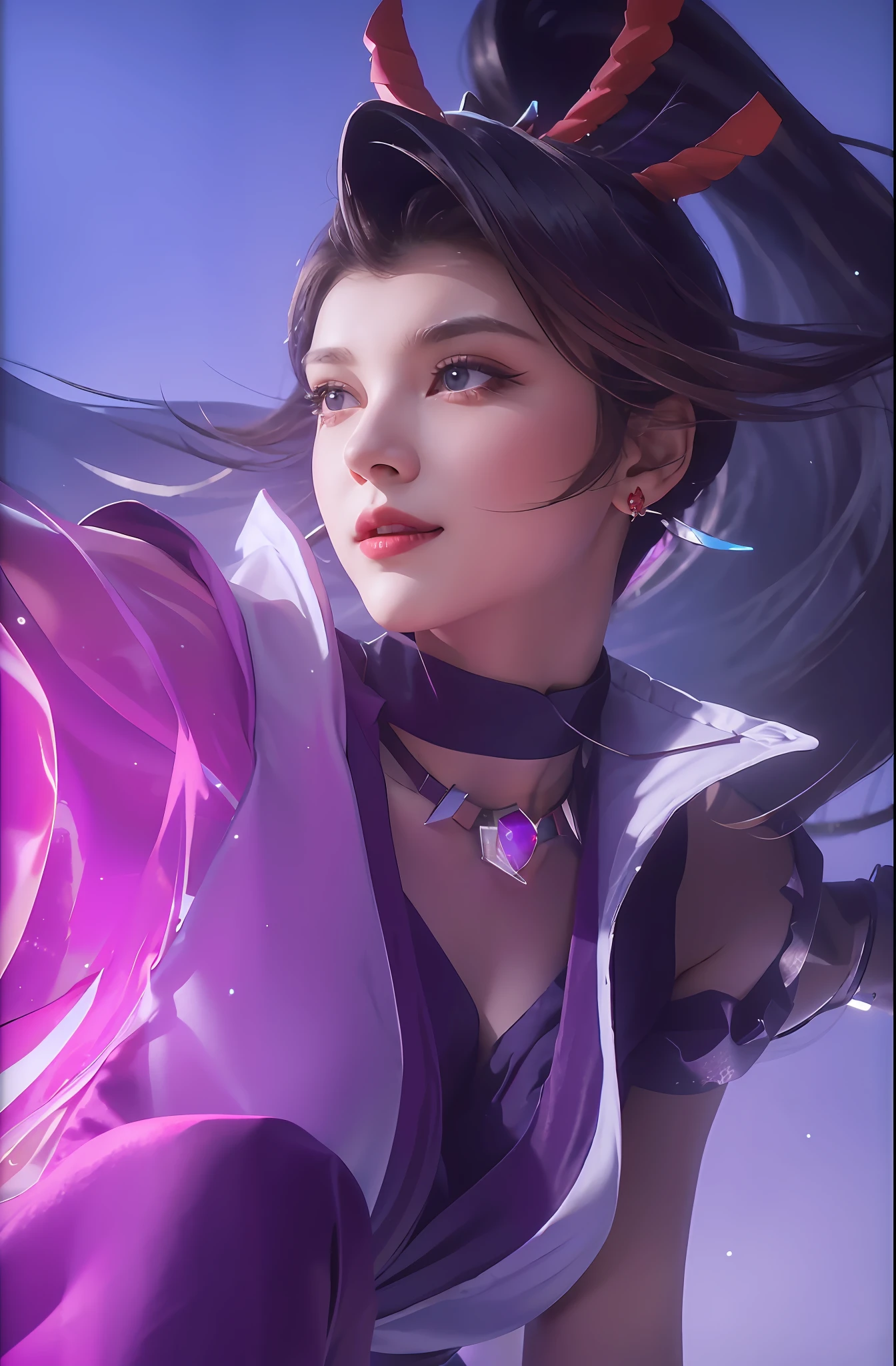 (close up:1.6), masterpiece, best quality, 8k, absurdres, beautiful girl, pretty face, looking at viewer, smile, (dark red dress:1.7), ruby earrings, ruby necklace, , cute, (smokey red eye shadow with glitter, glazed pinkish red lips:0.8), ultra realistic, highres, photography, film grain, chromatic aberration, sharp focus, HDR, facelight, dynamic lighting, cinematic lighting, professional shadow, simple background, (dull blue background:1.3), highest detailed, extreme detailed, ultra detailed, finely detail, real skin, delicate facial features, detailed face and eyes, sharp pupils, realistic pupils, purpel eyes, purpel lips