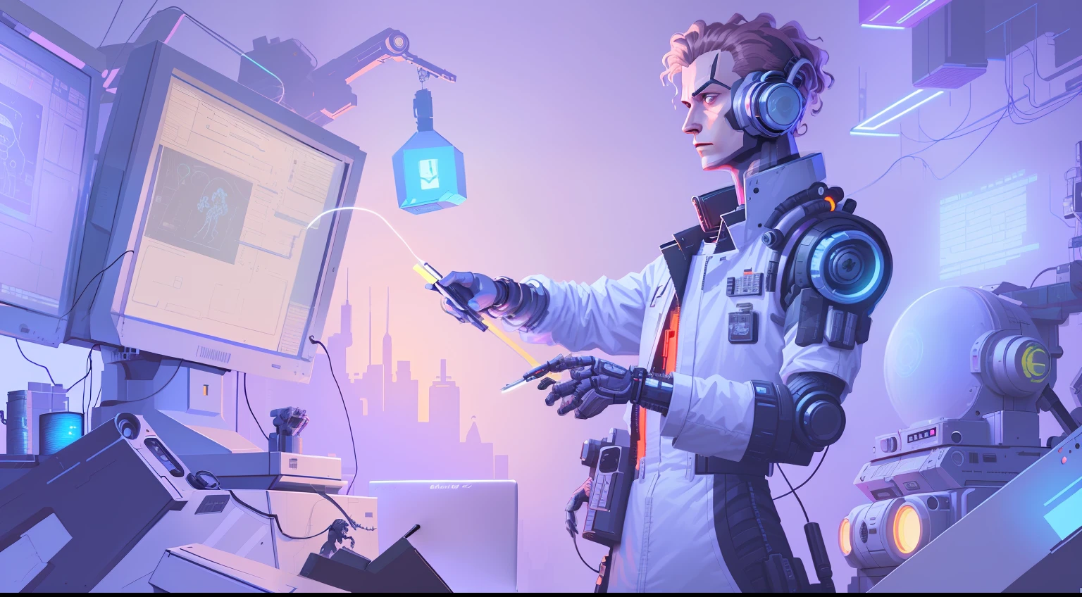 Illustration of a robot with a computer screen and a bunch of objects, digital concept art illustration, in style of laurie greasley, digital 2d illustration, digital concept art, detailed cyberpunk illustration, sci-fi illustrations, sci-fi illustrations, cyberpunk illustration, Cyberpunk art style, digital character illustration, detailed digital concept art, Science-fi digital art illustration