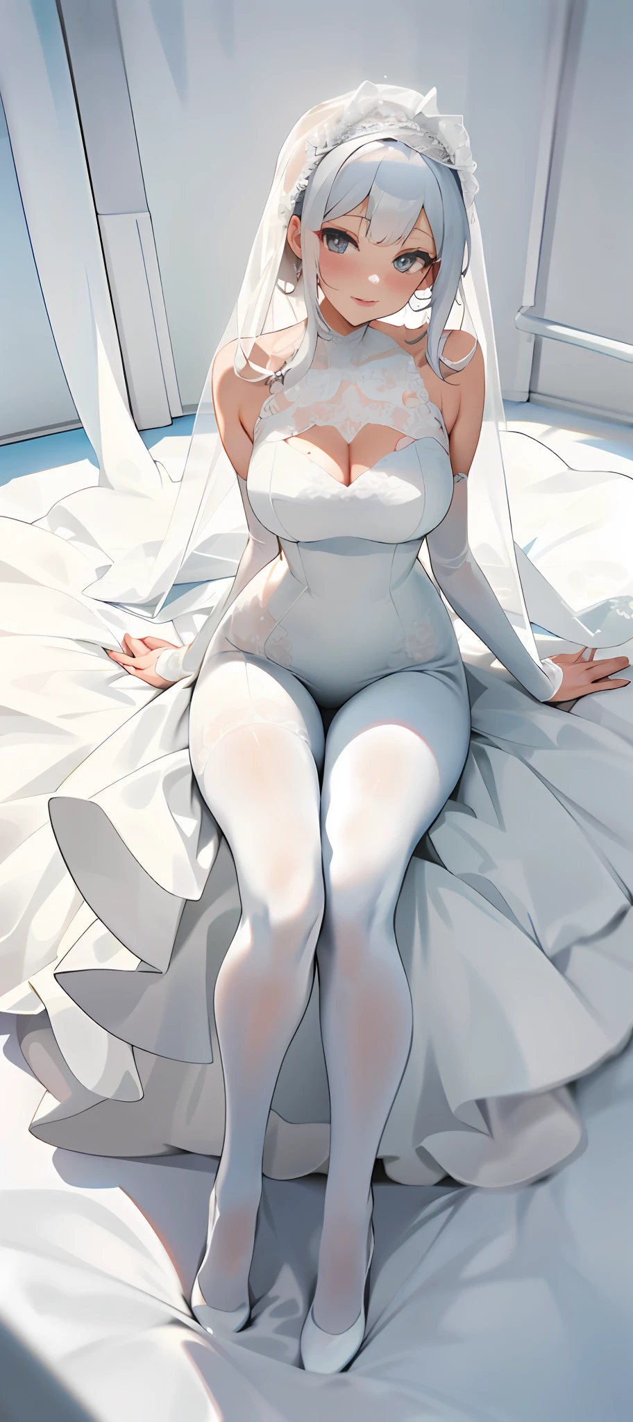 A woman in a white wedding dress poses for a photo, Angela White, thicc, White lace trim, 2263539546],White color hair， dressed in a beautiful white, 8K)), Wear a wedding dress ,Slender figure，White color hair ，sakimichan, Anime comic style，White full sexy wedding dress, Full length and white stockings，Slim figure，Slim legs，Full body like，sexyposture，Seduction pose，vacuum，ssee-through，Get wet all over your body，Covered with mucus，Sitting down，spread their legs，Pure white wedding dress，Gorgeous wedding dress，Sexy wedding dress，