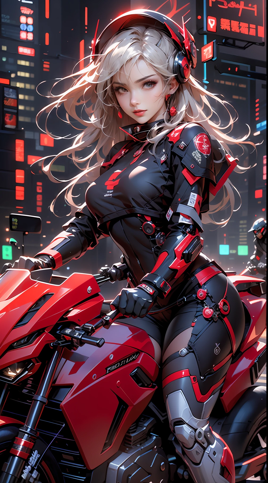 Highest image quality, outstanding detail, ultra-high resolution, (fidelity: 1.4), best illustration, favor details, highly condensed 1girl, with a delicate and beautiful face, dressed in black and red mecha, wearing a mecha helmet, holding a direction controller, riding on a motorcycle, the background is a high-tech lighting scene of the future city.