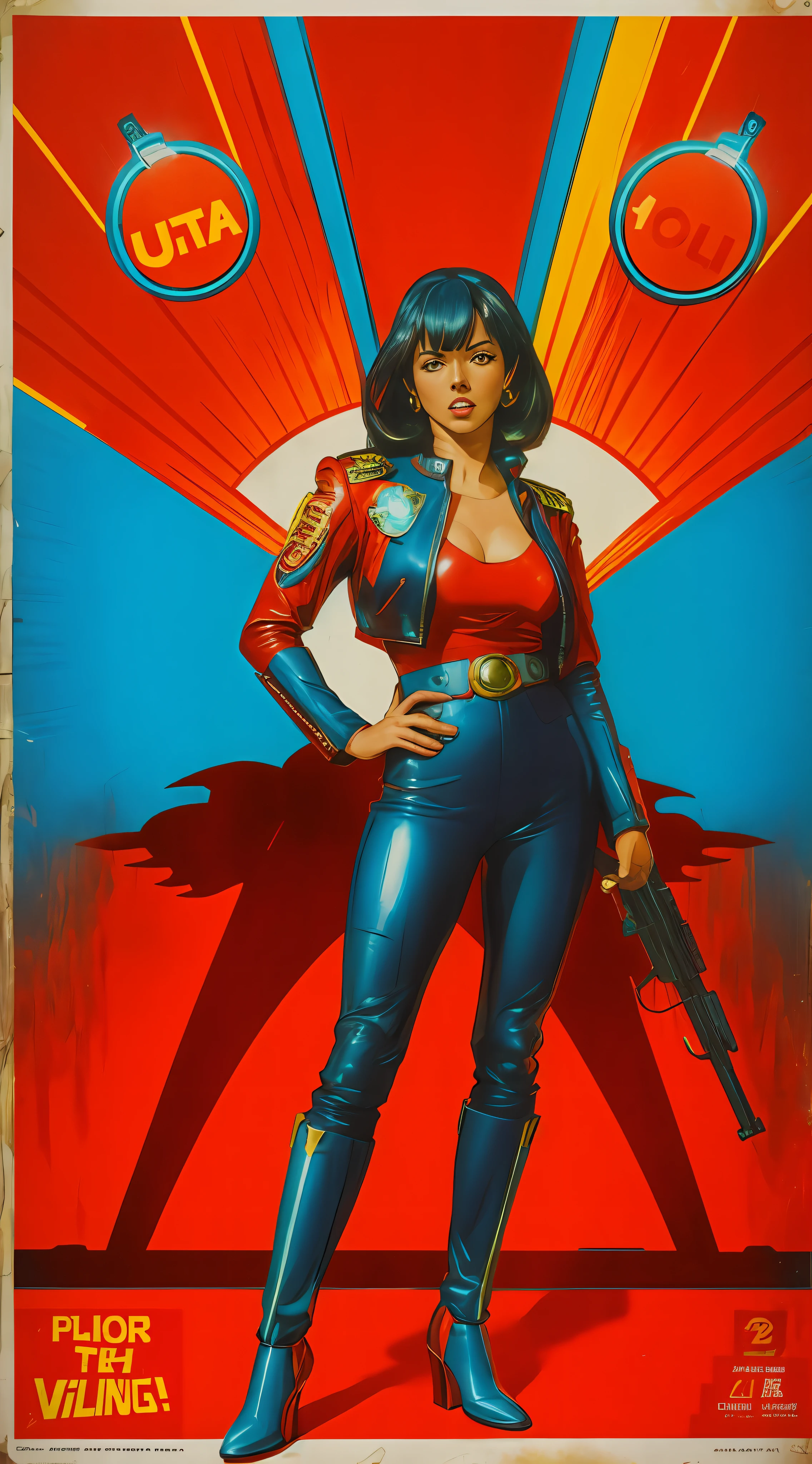 poster of a woman in a leather outfit holding a gun, tokusatsu movie poster , vibrant and bold pop art with high contrast colors, dynamic composition, and exaggerated details