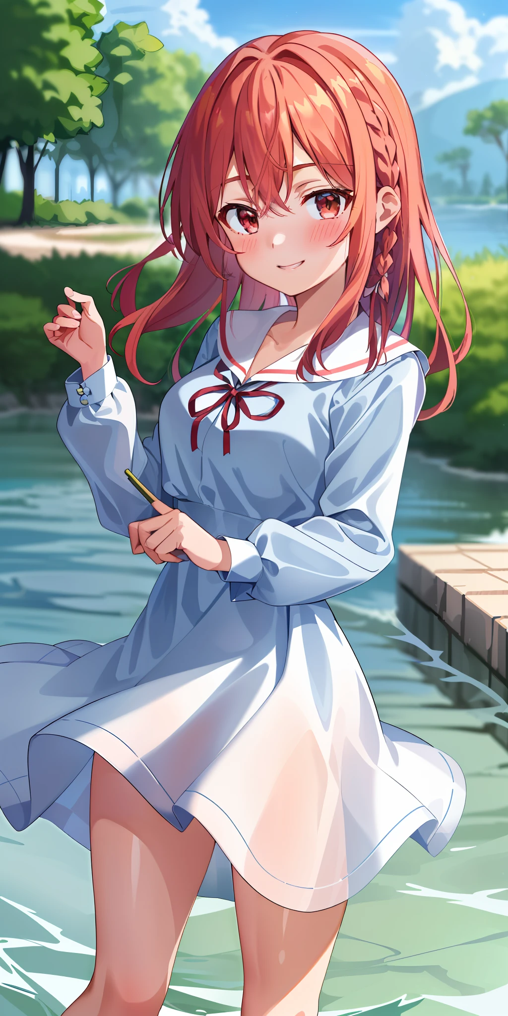 2d, masterpiece, best quality, anime, highly detailed, 1girl, solo, cowboy shot, sumi, single braid, side braid, hair bow, white bow, white shirt, long sleeves, sailor collar, red ribbon, red skirt, pleated skirt, embarrassed, blush, smile, outdoors<lyco:rentagf-10:1》,(Naked:1.4),(Long transparent dress:1.4),(Blushing face:1.4), Smiling, Cowboy shot, ((G cup)),Pink tits,Cock your ass,angle from behind,The eyes have starlight,cabelos preto e longos,spread thighs,florals, Bow knot, Blushlush,Playing in the water