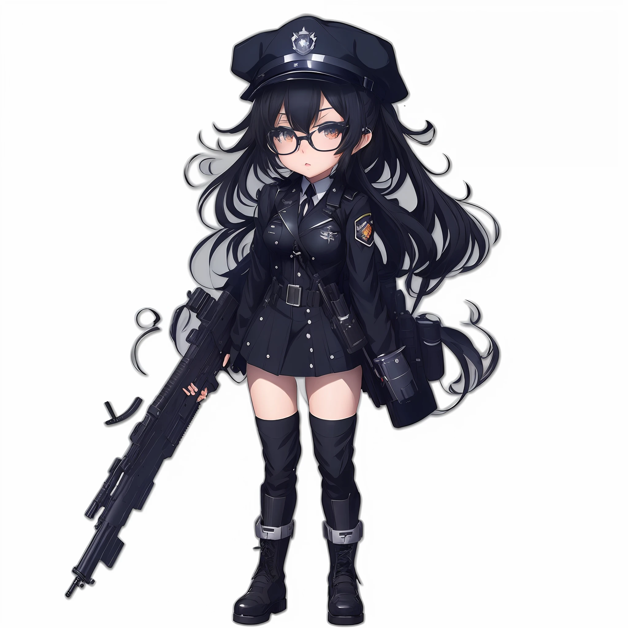 Anime girl with gun and uniform, anime maid ss military, Official Character Art, Kantai Collection Style, anime moe art style, noire, police uniform with, in black uniform,wears glasses ( ( character concept art ) ), gapmoe yandere grimdark, hestia, infantry girl, black armored uniform, marin kitagawa fanart, high detailed official artwork