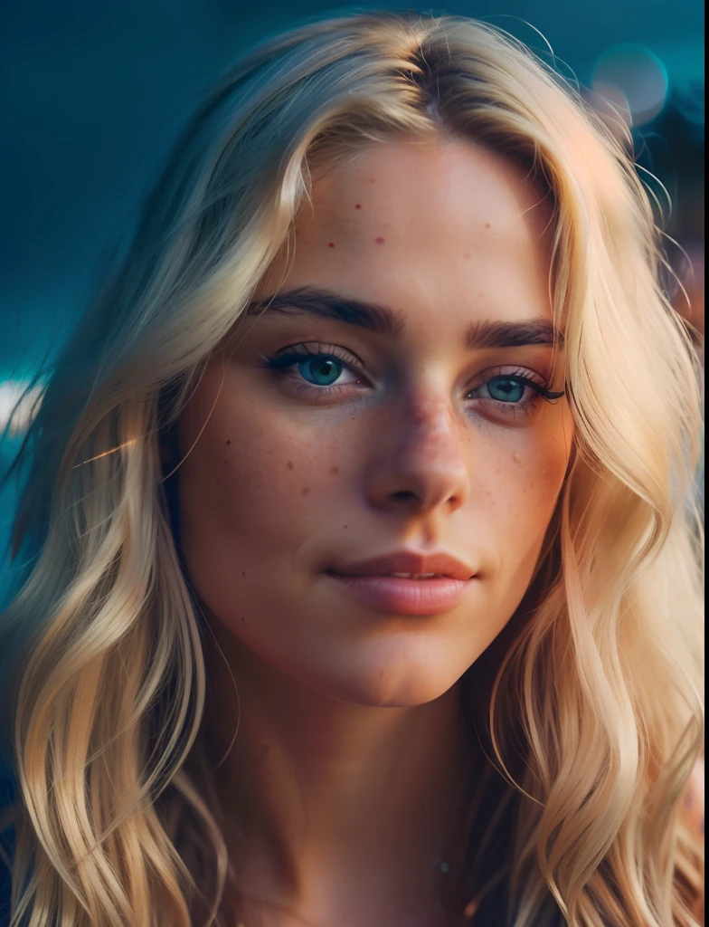 Professional portrait photo of a gorgeous Norwegian girl with a crowded outdoor night in the background, long wavy blonde hair, sultry sexy look, (freckles), gorgeous symmetrical face, cute natural makeup, realistic, concept art, elegant, highly detailed, complex, sharp focus, depth of field, f/1. 8, 85mm, mid, mid, (professional color grading)), clear focus, bright soft diffuse light, (volumetric fog), popular on Instagram, HDR 4K, 8K, fat