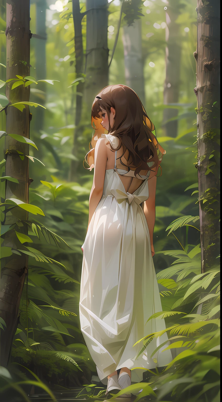 Woman with brown wavy hair bunched up、White camisole dress、View here、Being in the forest
