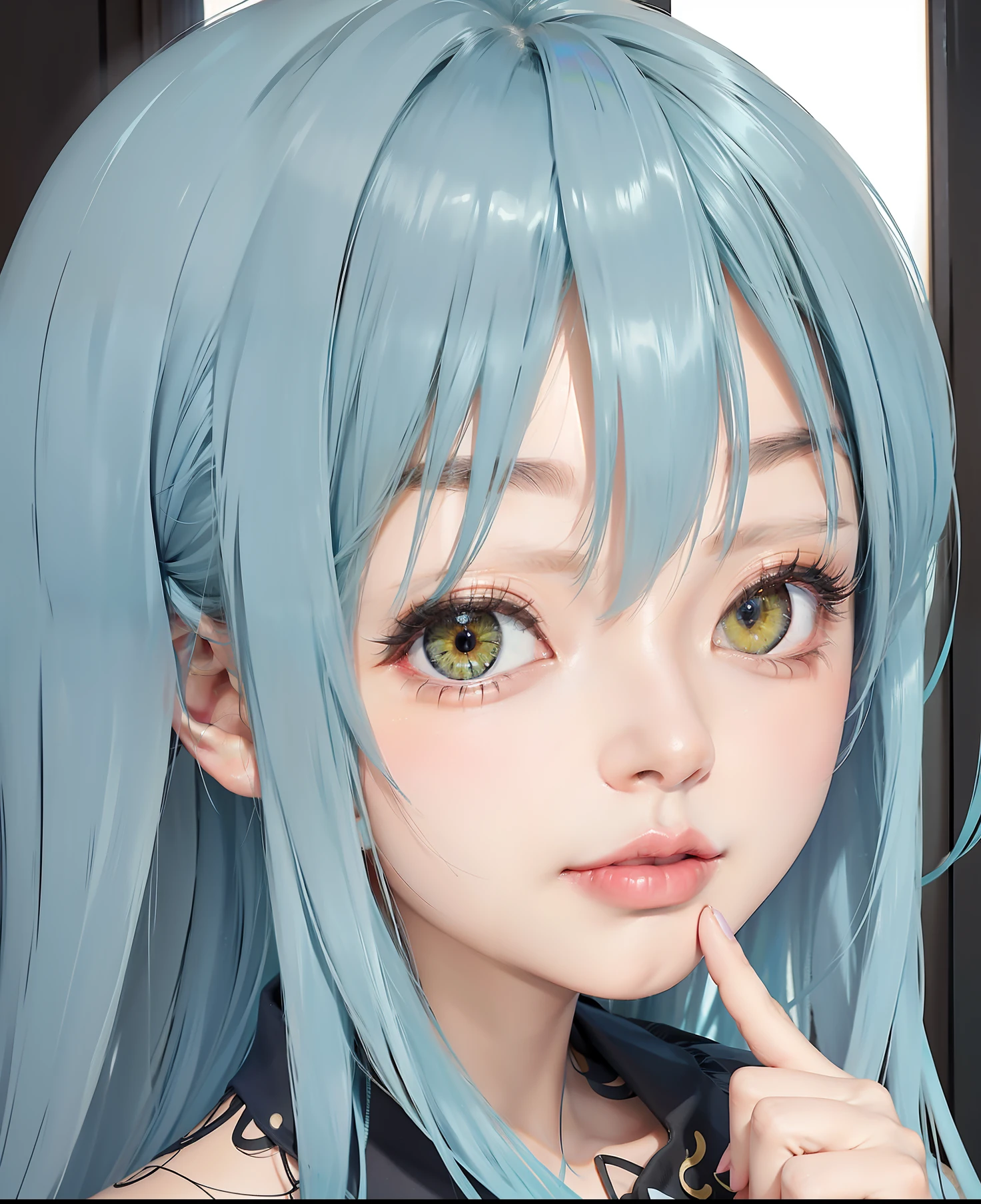 Masterpiece, 1 beautiful girl, detailed eyes, swollen eyes, top quality, super high res, (Reality: 1.4), cinematic lighting, Japanese, Asian beauty, Korean, very beautiful, beautiful skin, slender, body facing forward, (super realistic), (high res), (8K), (very detailed), ( Best Illustration), (beautifully detailed eyes), (super detailed), (wallpaper), detailed face, bright lighting, professional lighting, looking at viewer, facing straight ahead, neat clothes, short hair, blue hair, pureerosfaceace_v1, 46 point slanted bangs, hotel room with morning sun in the background, window The background is a hotel room with the morning sun shining through the window, a clear ocean outside, and an angle from the waist up, yellow eyes