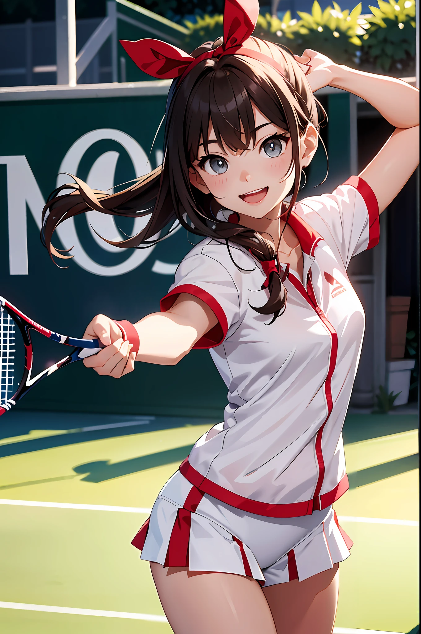 (top-quality、in 8K、32K、masterpiece、nffsw、超A high resolution、Impresionismo、Photorealsitic:1.2)、Looking back、Full body, tennis coat、beauitful face、blurry backround、18 year old beautiful girl、shinny skin、Twin-tailed、beautiful brown hair、Gray eyes、Tie your hair with a big red ribbon、Tennis Uniforms、raise arms、Smile with open mouth、Curve、Holding a racket、Dynamic Poses、white panties、