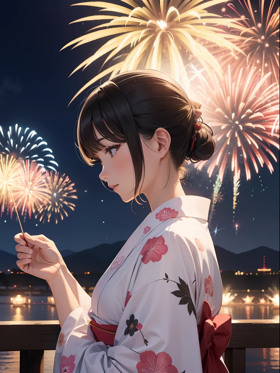 Illustration of greeting、Fireworks Festival、Beautiful yukata