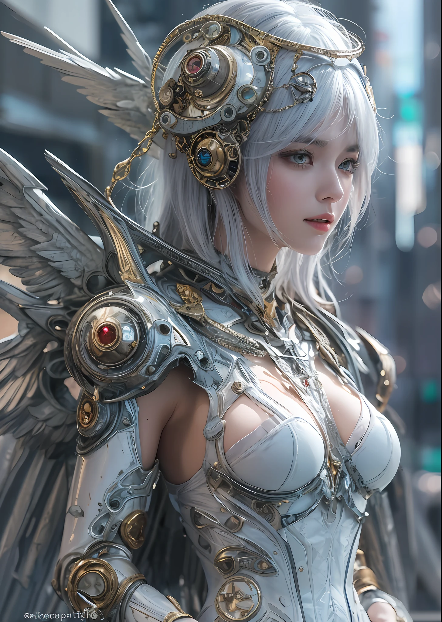 top-quality、masterpiece、超A high resolution、(Photorealsitic:1.4)、Raw photo、Powered Suit Angel、large wings made of metal、White porcelain body、Acrylic Clear Cover、white hair、glowy skin、1 Powered Suit Girl、((super realistic details))、portlate、globalillumination、Shadow、octan render、8K、ultrasharp、character edge light,Colossal tits、Raw skin is exposed in cleavage、Details of complex ornaments、Sumerian details、Hydraulic cylinder、Small LED lamp、highly intricate detail、Realistic light、a purple eye、radiant eyes、Facing the camera、neon details、cowboy shot、Futuristic headgear、The background is a steampunk city、、