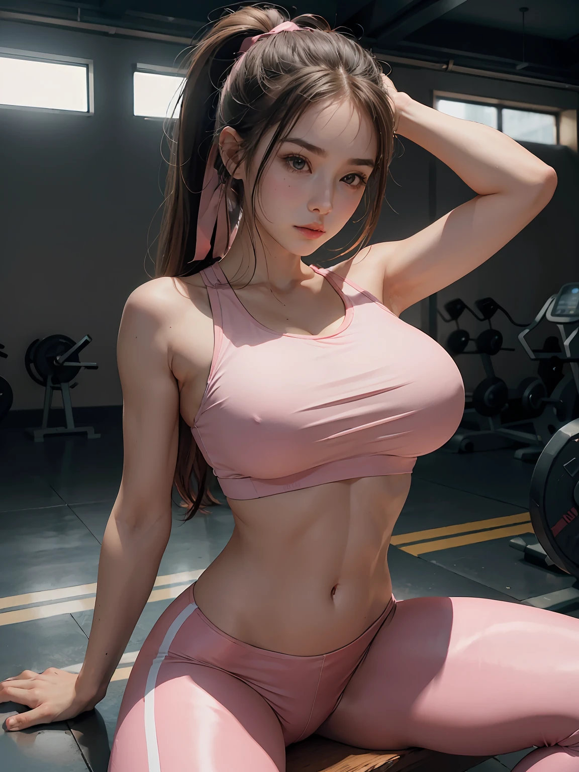(best qualtiy)Meticulous sportswear girl,Sit on the floor of the gym,spread their legs,Wear delicate pink leggings and a sports bra,Highlight minor abdominal muscles,And adds a cinematic touch to the scene in the super,huge tit,Tied with a high ponytail,Film lighting completes the overall atmosphere。