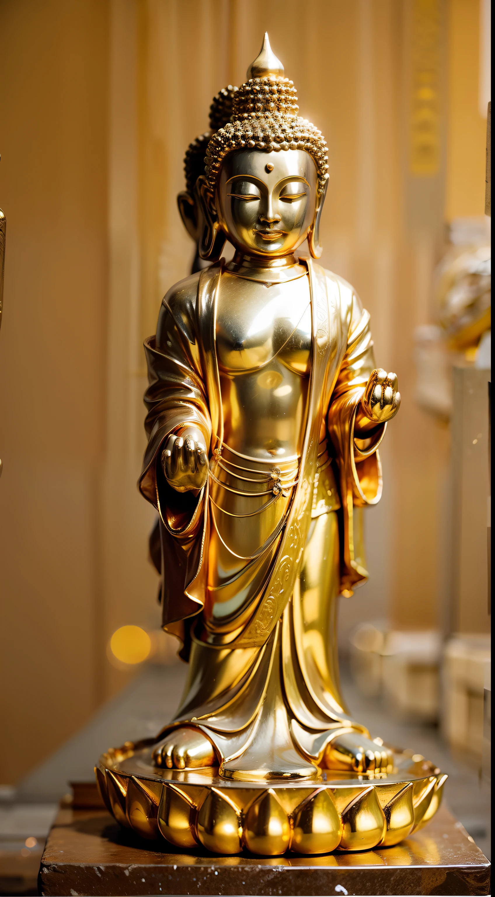 Golden Buddha statue with a glowing halo, buddhism, the buddha, budista, Buddha, samsara, Enlightenment, beautiful gold saint, Spiritual enlightenment, Pushkaraka, Enlightenment, buddhist art, Shining golden aura, Enlightenment. Convoluted, on path to enlightenment, on path to enlightenment, radiating golden light