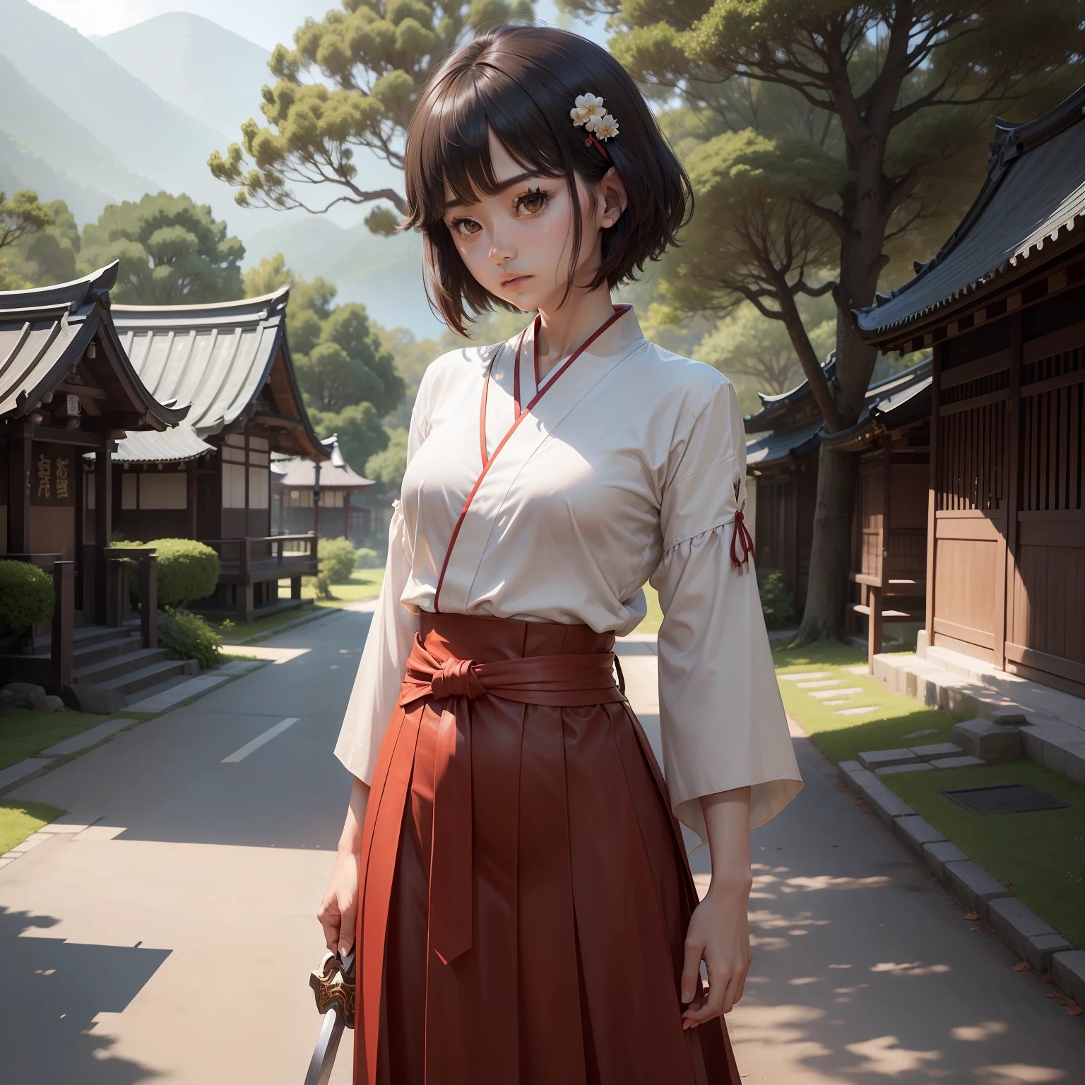 1 persons、17 age、Man's daughter、Ruka Urushihara（Steinsgate）、high-level image quality、​masterpiece、8K、detaileds、Full body like、Luxury、Slender mantle、straight flat chest、flat chest、teats、Priestess Costume、Red Hakama、A wooden sword in his hand、Holding a wooden sword with both hands、full of sweat、Dark hair、Very Short Bob、7:The hair is divided into three parts、skull hair ornament、outside of house、shrines、Sacred tree in the background、Cicadas have no、Daytime