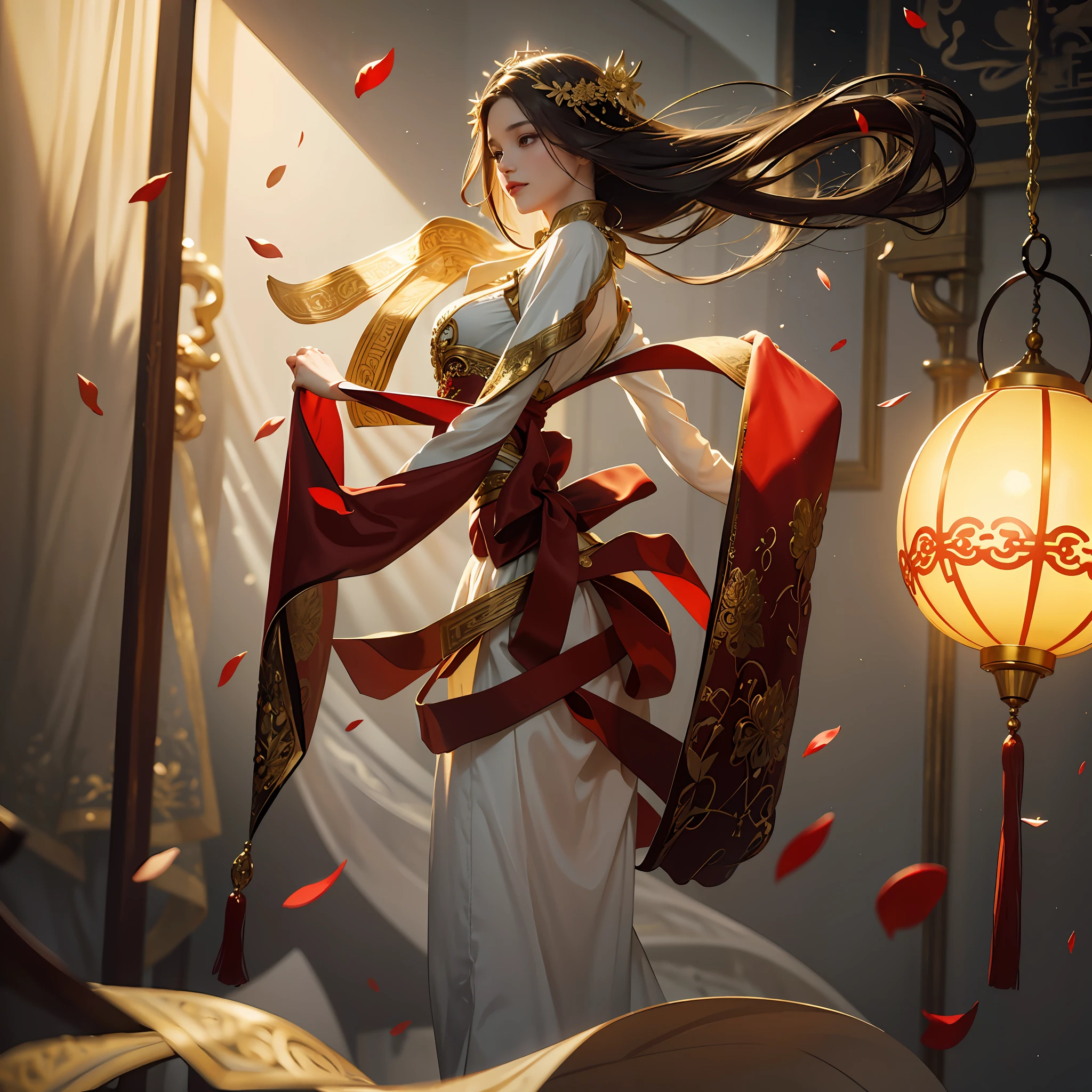 best quality, masterpiece, highres, (exquisite body:1.5),gorgeous face,(milky skin:1.3),intricate details,high resolution,wallpaper,
1girl, solo, dress, hair ornament, (((gold and red dress))), flowers, long hair, brown hair, closed mouth, jewelry, long sleeves, hand up, wide sleeves, big eyes,floating hair, chinese clothes, hanfu, embroidery, long skirt, natural pose, falling petals, indoor,fanning, lantern,
16K,HDR,highres,depth field,(film grain:1.1),boken,golden hour,(lens flare),vignette,rainbowing,(color grading:1.5)