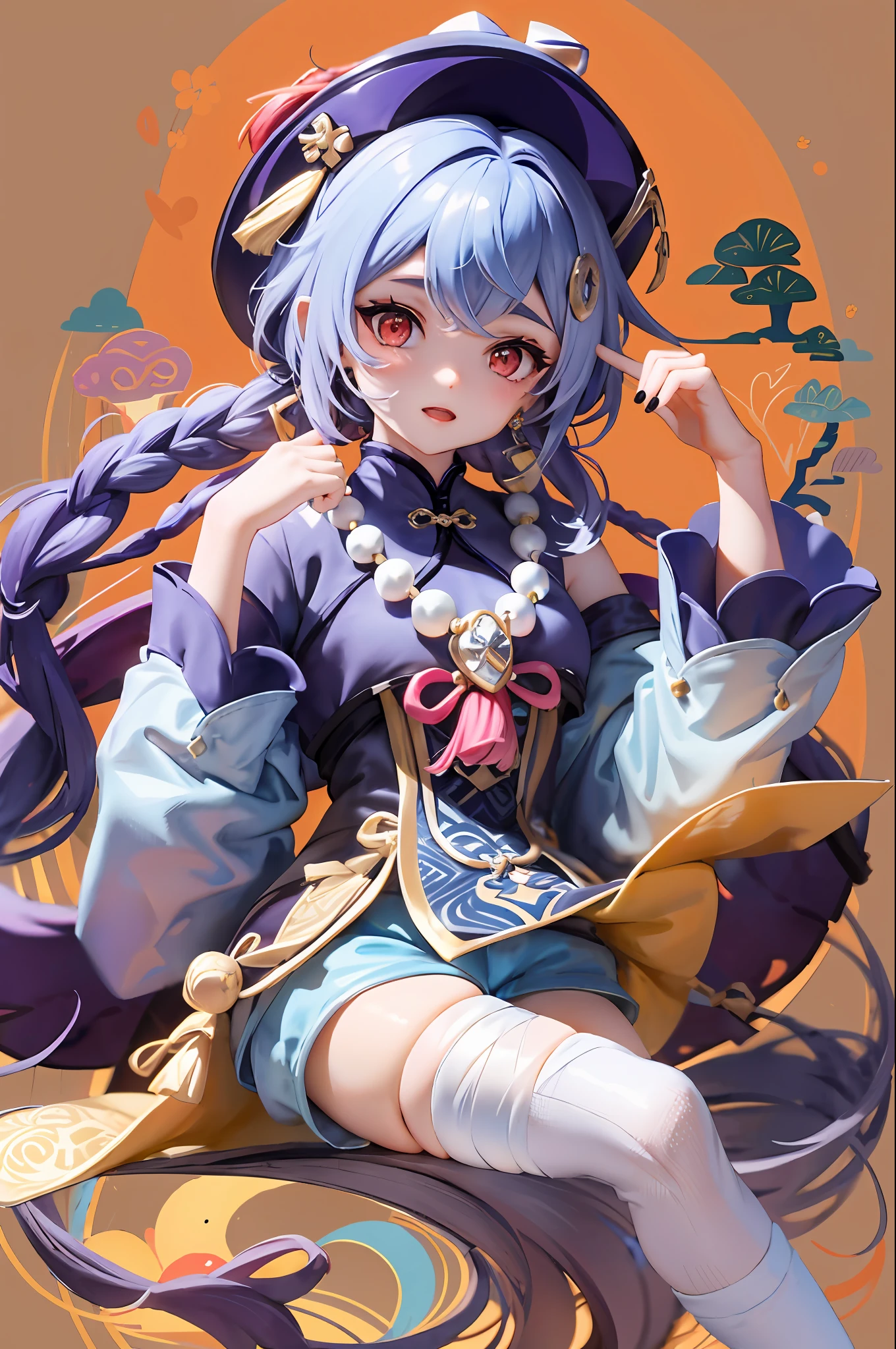 Kiki (Genshin Impact),1girll,ofuda,JiangshiT,Mao Qingguan,Braid,Hats，Spell，Blue hair,Long hair,Red eyes,hair adornments,Earrings,bead necklace,jewelry,Long sleeves,Wide sleeves,white thighhighs,Chinese clothes,Shorts,bandaged leg,nail polish,(Wear only socks)