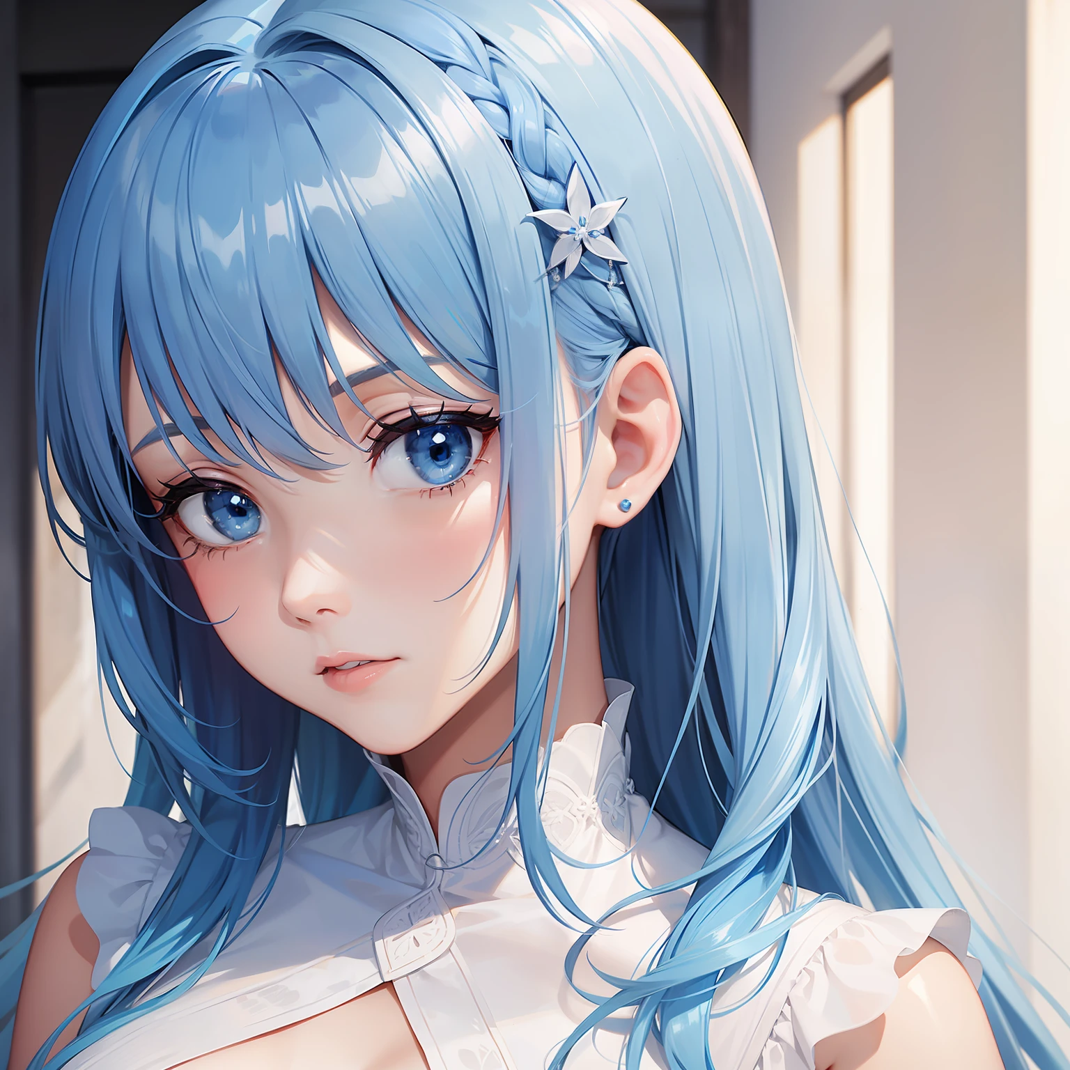 a women, blue hair, blue eyes, white dress